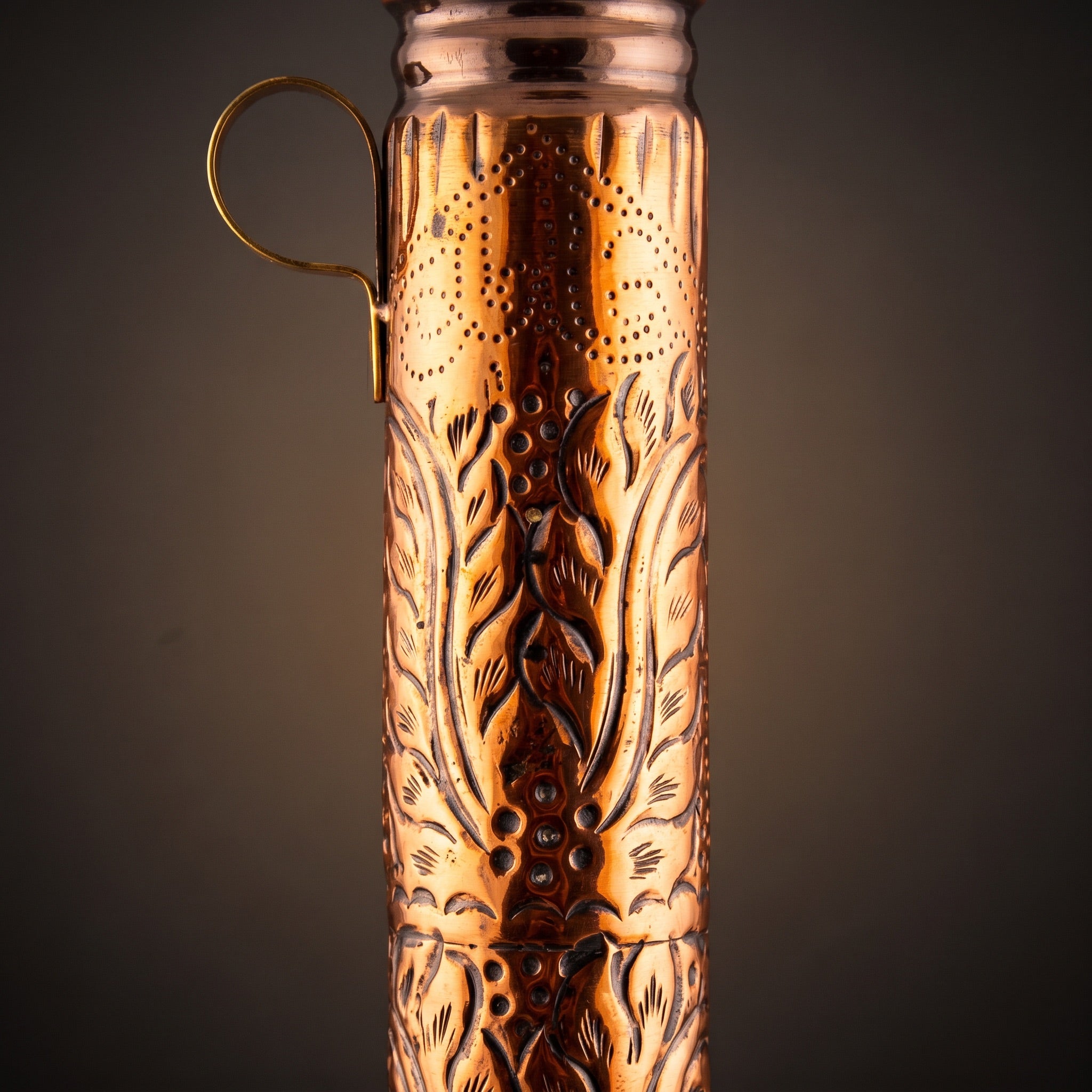 Hand-chased copper engraving and purge valve loop on Khalil Mamoon Obsidian Mismatch 7621 shisha column, Cairo handmade