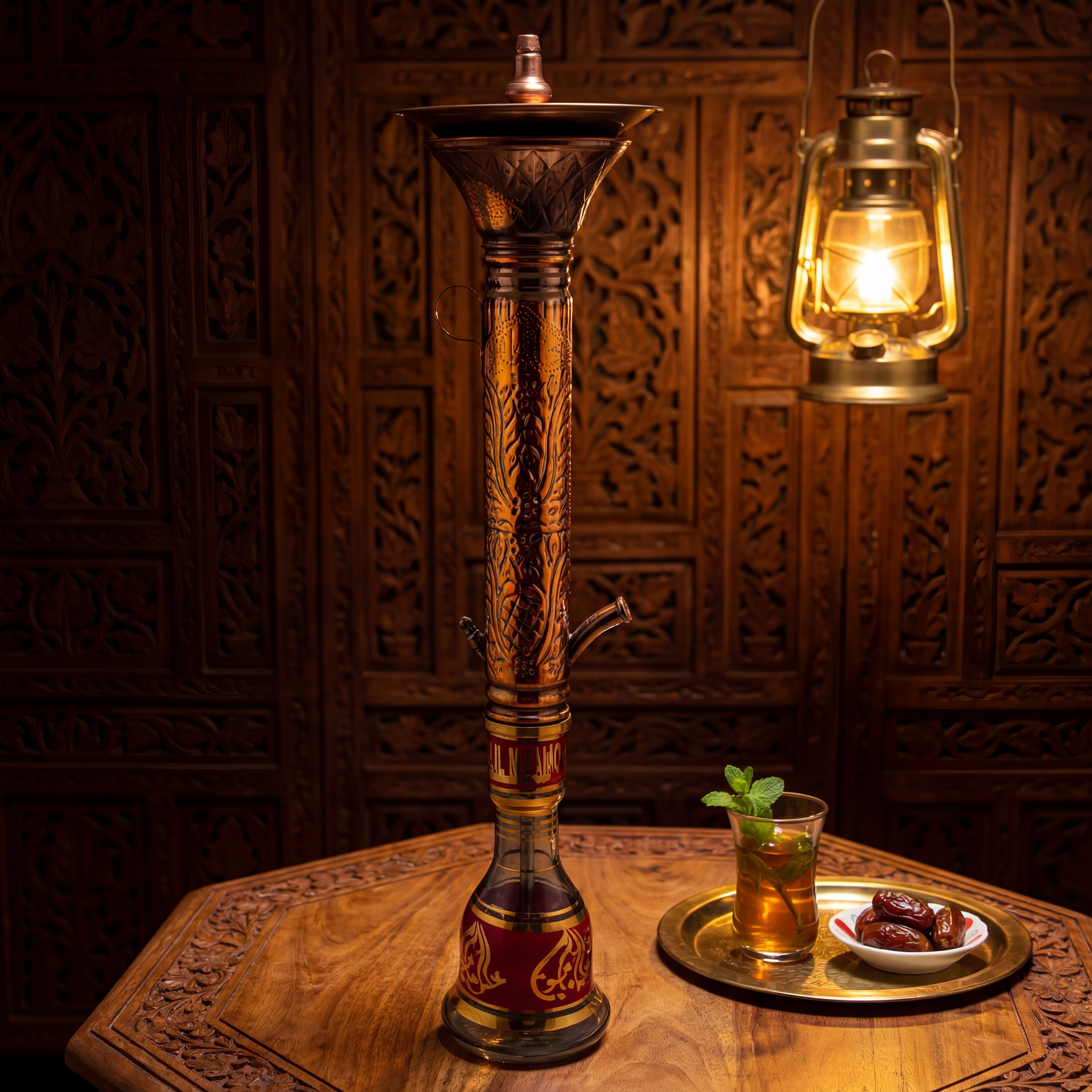 Khalil Mamoon Obsidian Mismatch 7621 hookah on carved wood majlis table with brass tea tray, mint tea and fresh dates