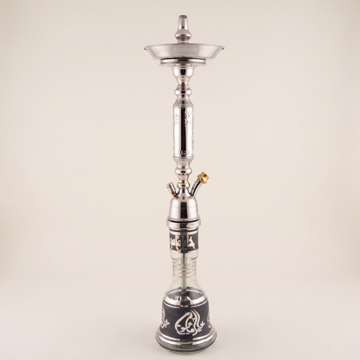 Khalil Mamoon Omda Steel 1141 polished stainless steel shisha pipe with Arabic calligraphy glass base, studio front view, image 2 of 19