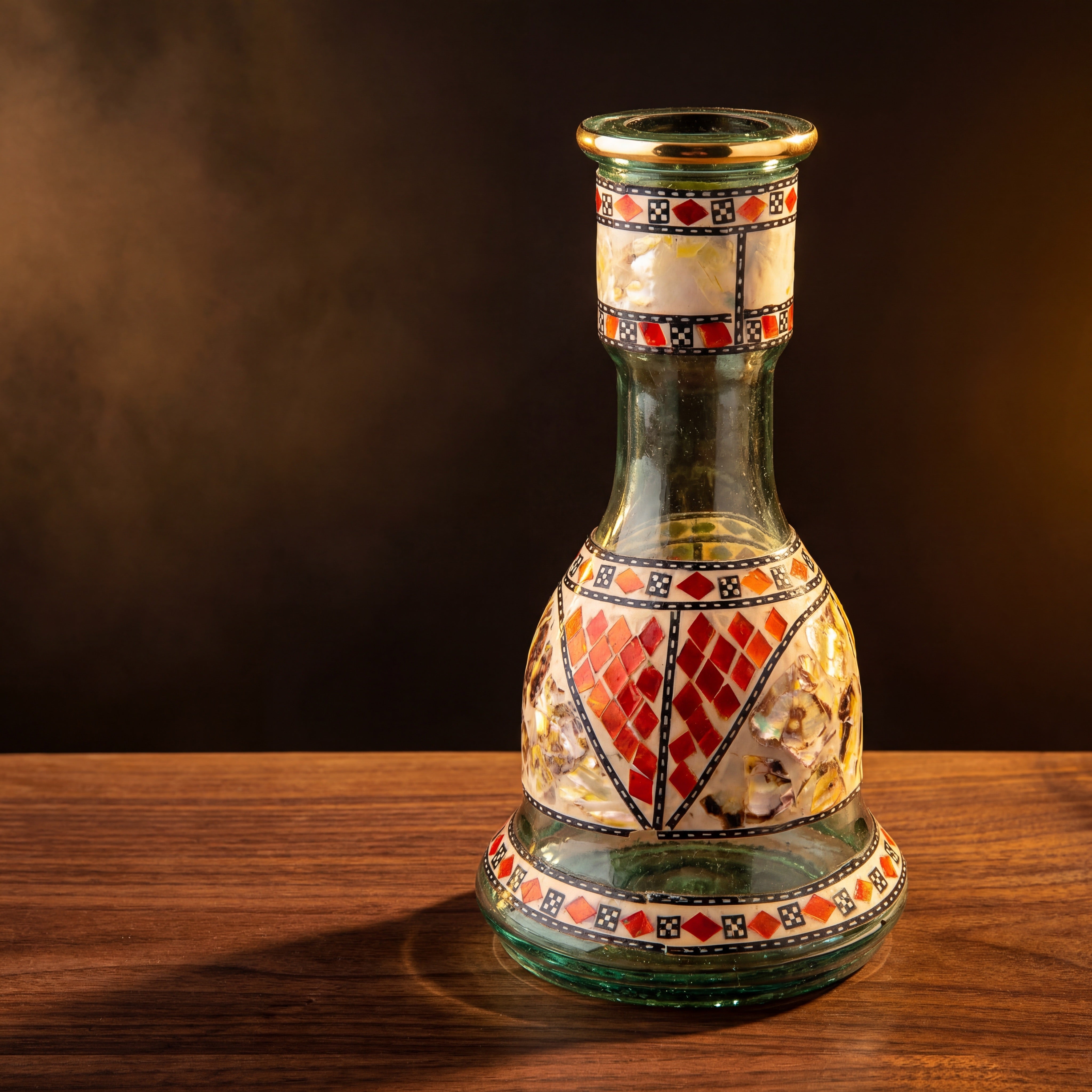 Khalil Mamoon Sadaf shell inlay hookah base on warm timber surface with atmospheric haze, The Premium Way
