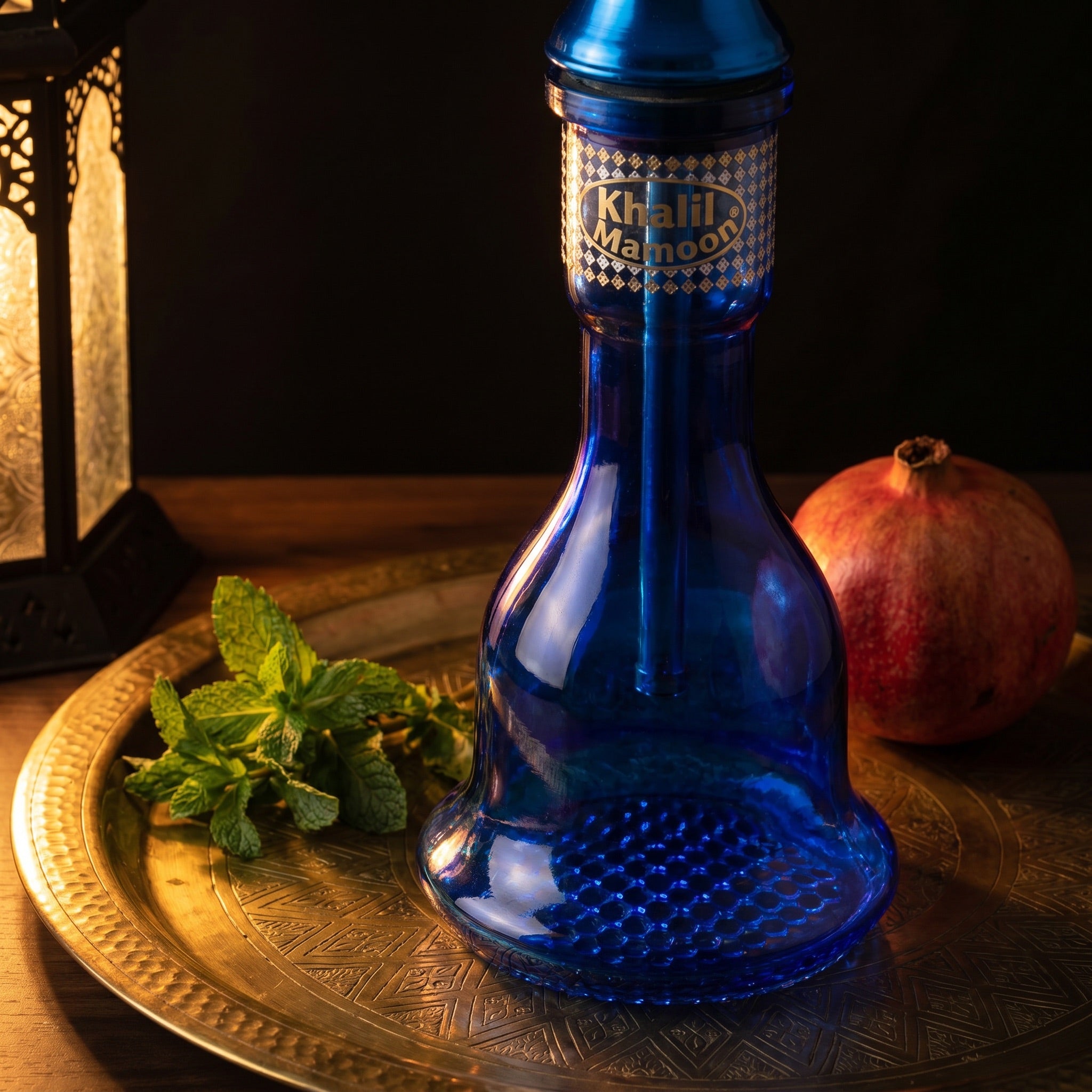 Khalil Mamoon Shareef Blue cobalt glass base with hobnail pattern on brass tray with mint and pomegranate