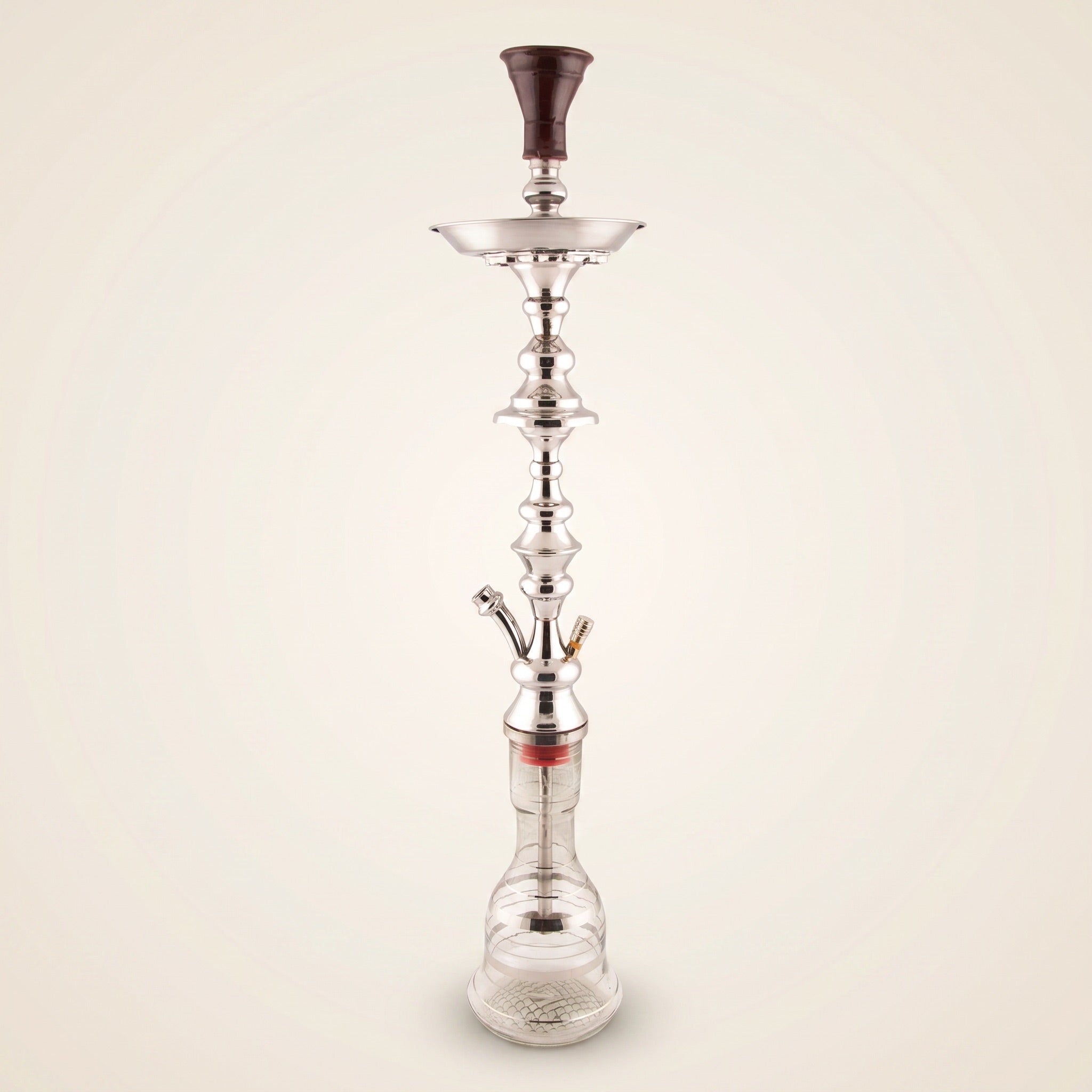 Khalil Mamoon Shareef Silver 79cm hookah, polished chrome 2-level Egyptian stem with clay bowl and patterned glass base