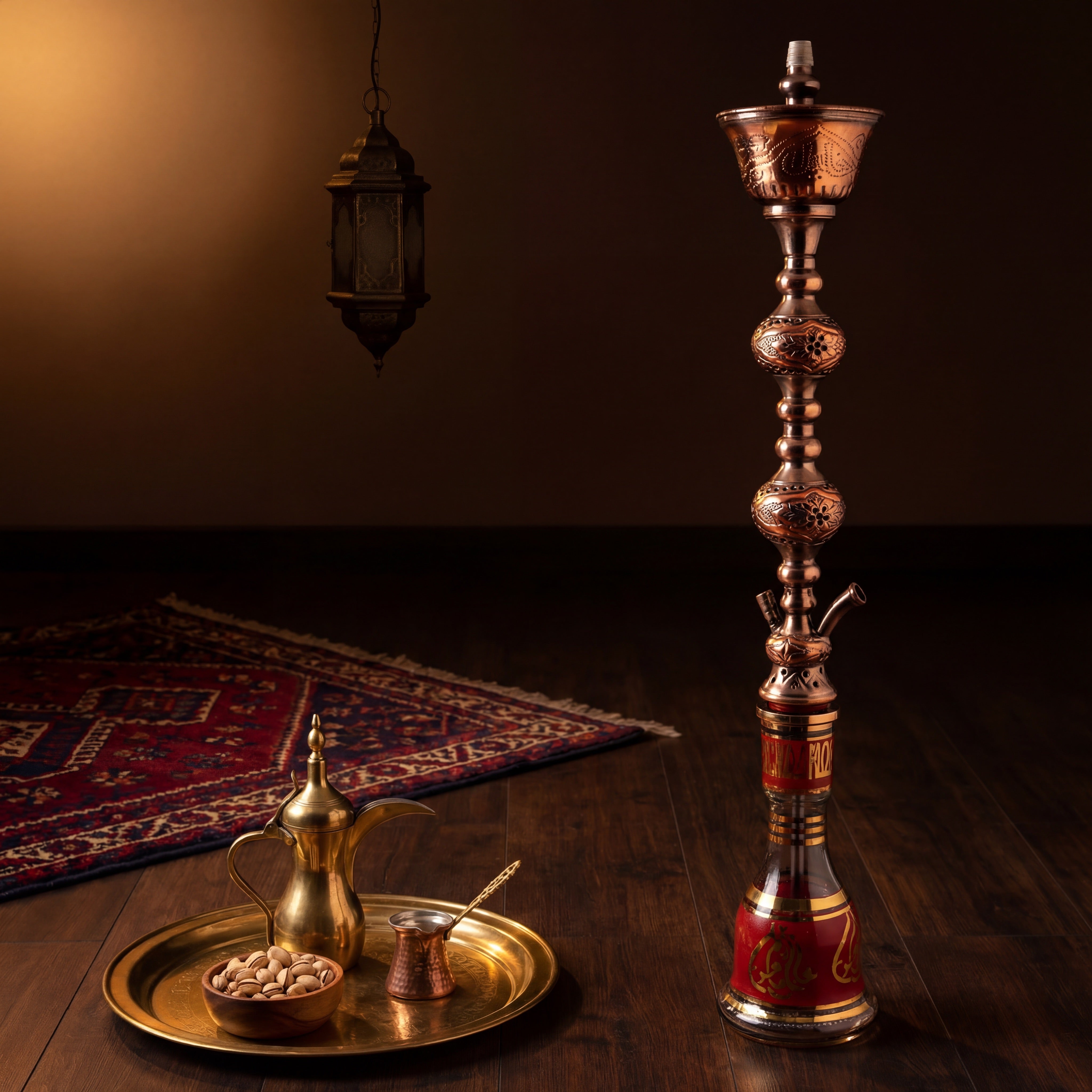 Khalil Mamoon Sharqawi 2 Copper hookah floor-standing in evening majlis with brass dallah and pistachios