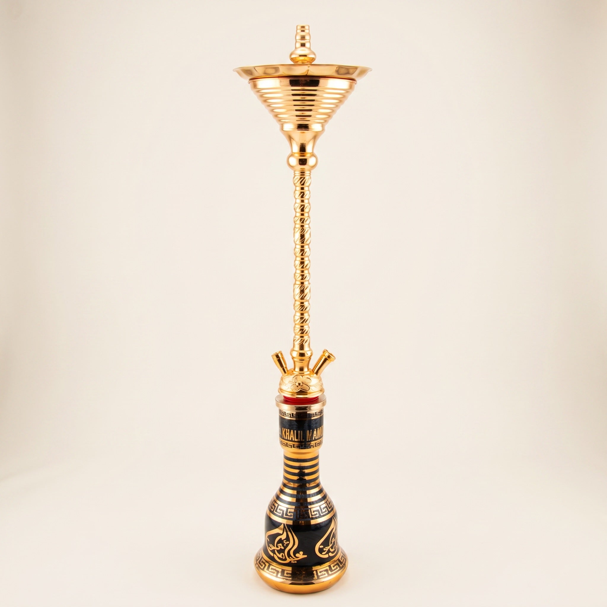Khalil Mamoon Skinny Gold 7705 90cm Egyptian hookah with slim polished gold stem and black Arabic calligraphy glass base