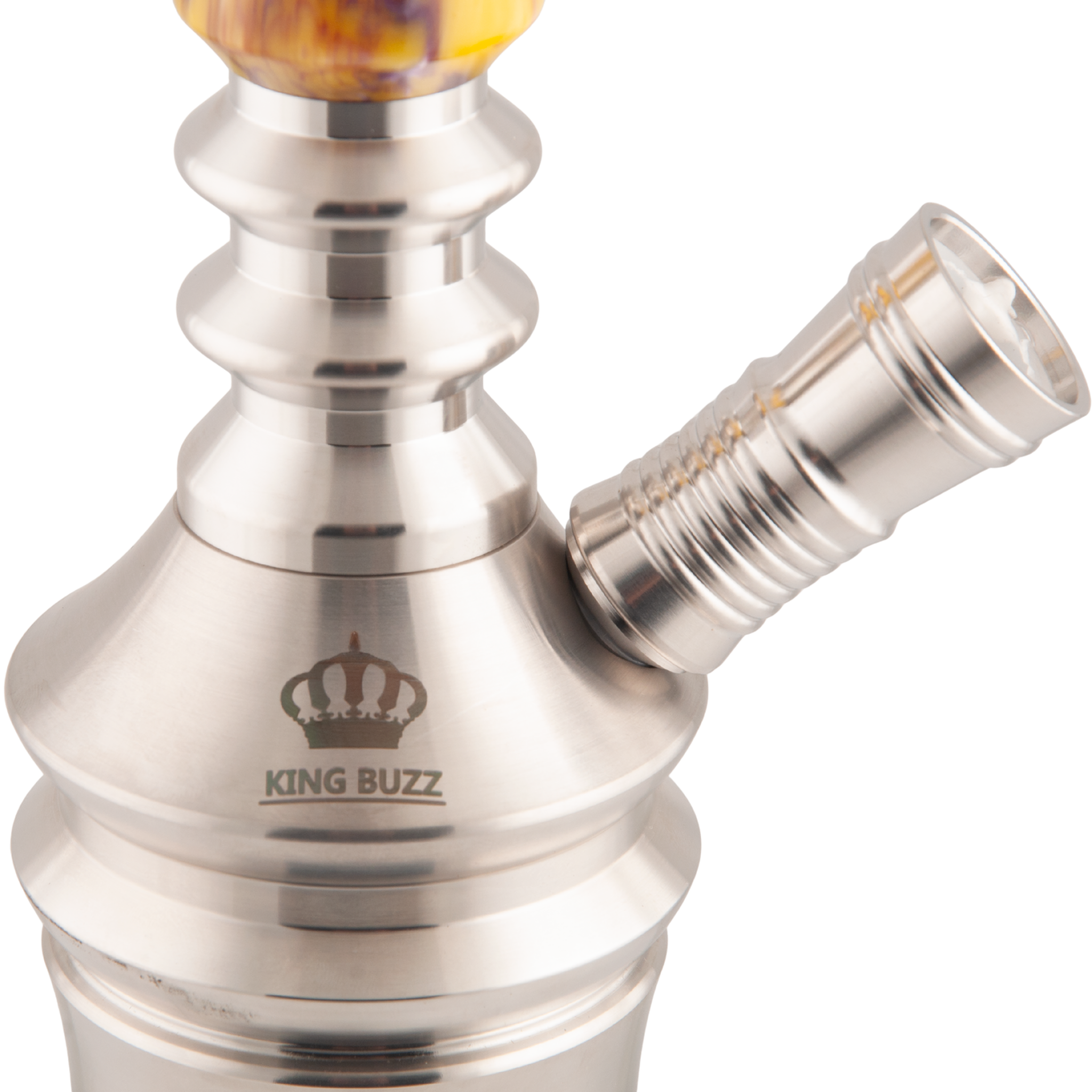 King Buzz Amber Storm hookah stainless base purge valve and hose port detail — The Premium Way