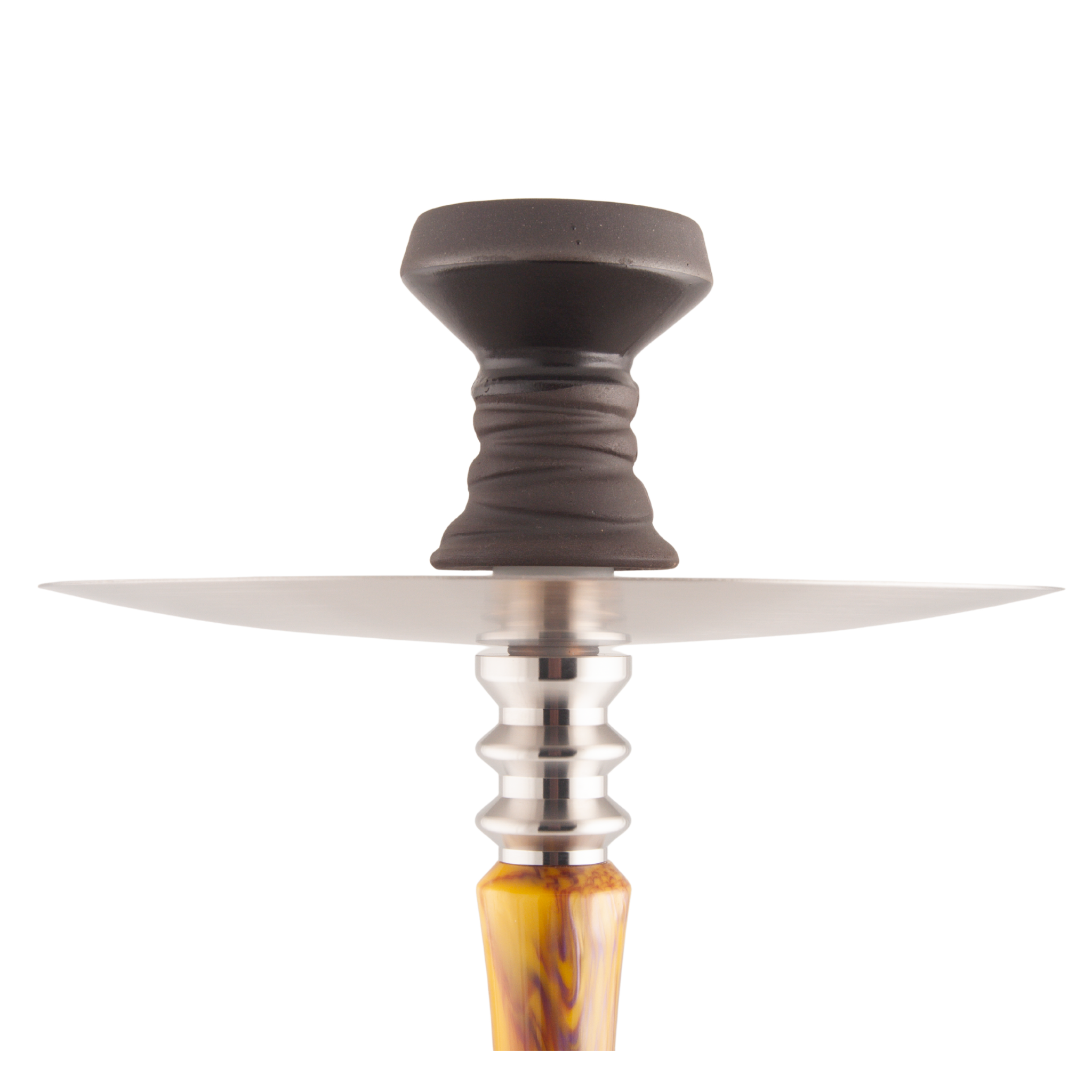 King Buzz Amber Storm hookah clay bowl on stainless tray top view — The Premium Way