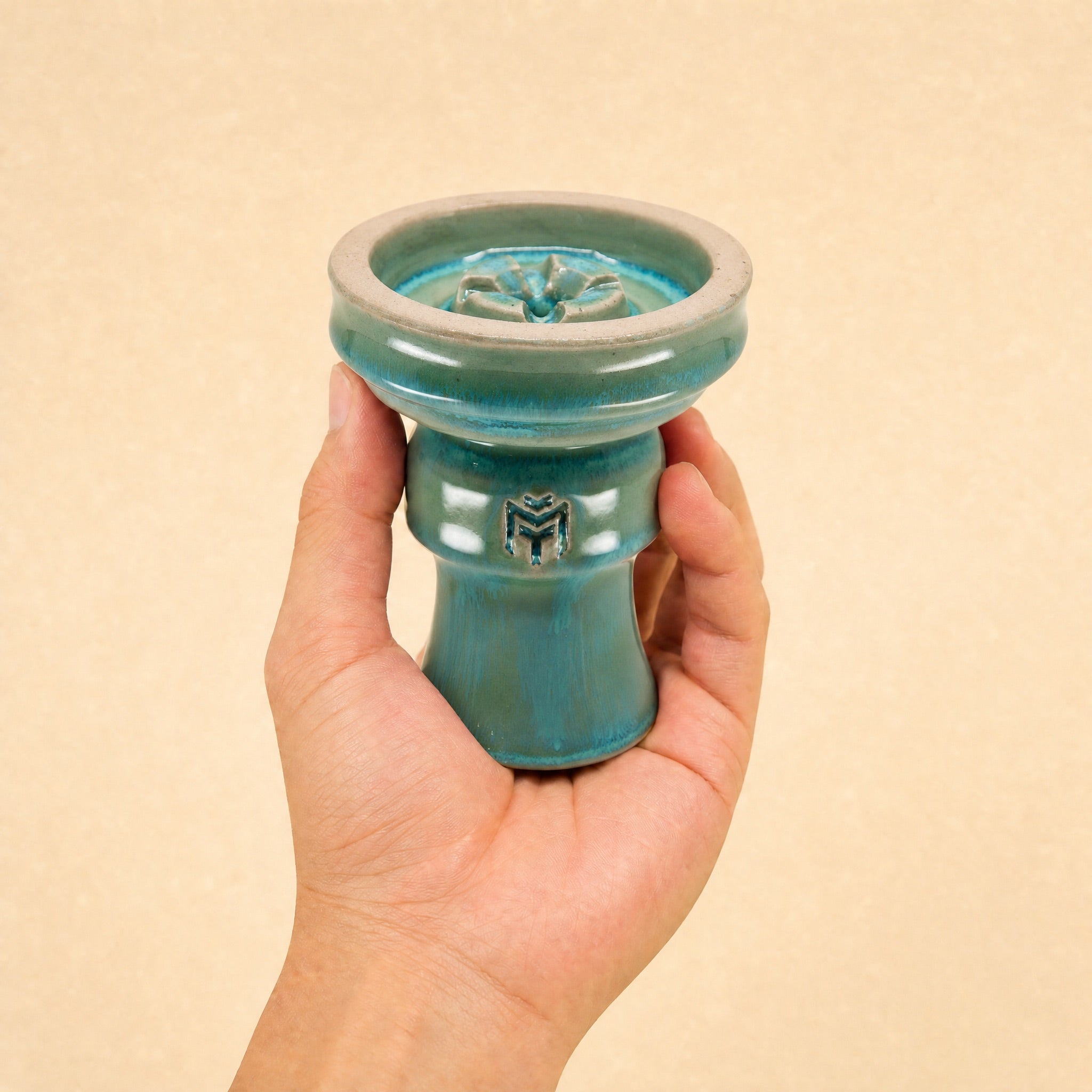 MIT Luxury Ashera Cedar bowl held in hand, showing scale and teal-sage drip-glaze finish