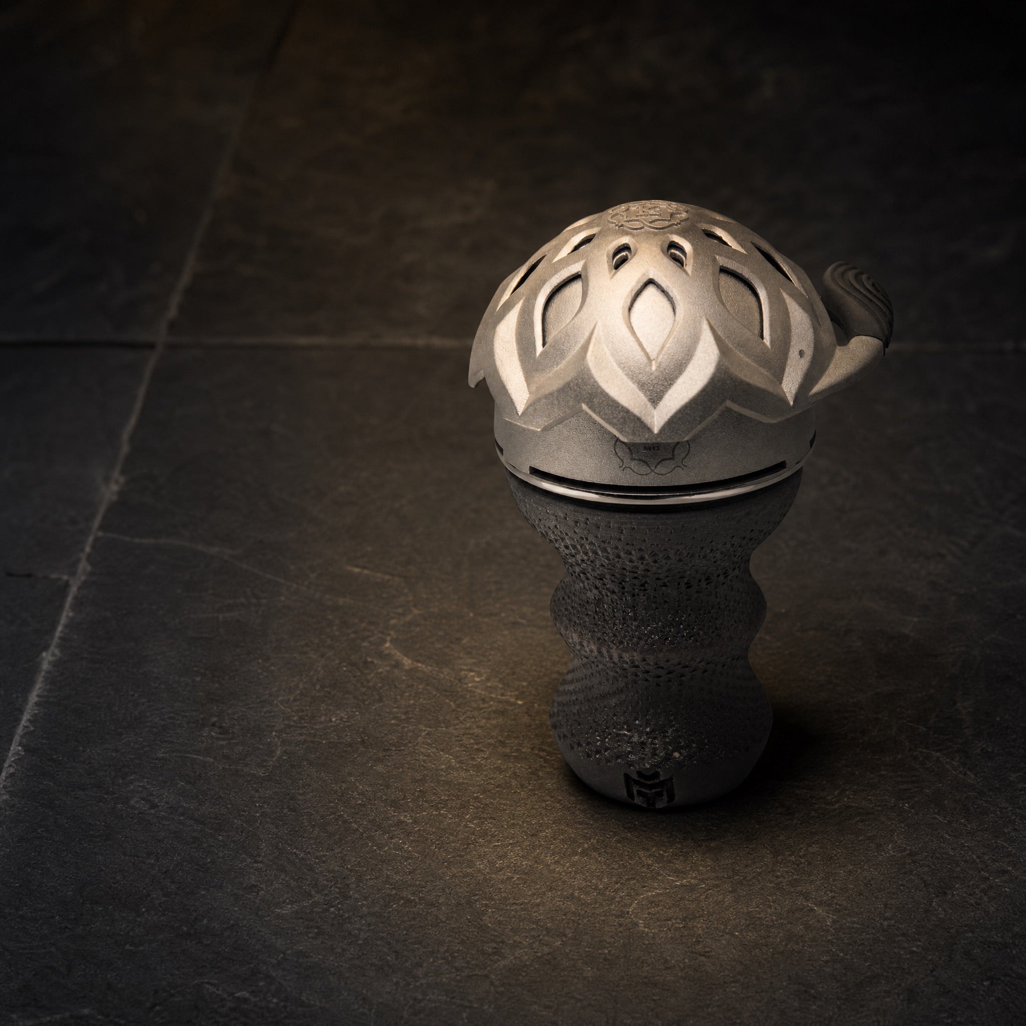 MIT Luxury DarkStar Turkish bowl with Kaloud Lotus 1+ HMD seated on top, dark leaf shisha rig ready