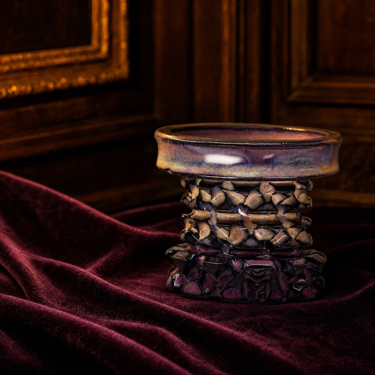 MIT Luxury Mitovation V2 Amethyst bowl on aubergine velvet drape, cathedral treasury with warm candle light, image 2 of 6