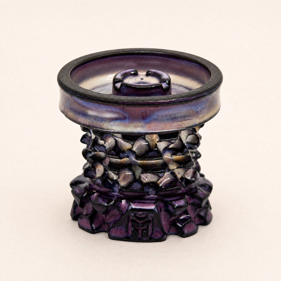 MIT Luxury Mitovation V2 Amethyst phunnel bowl, lavender plate with aubergine sculptural column, three-quarter studio view