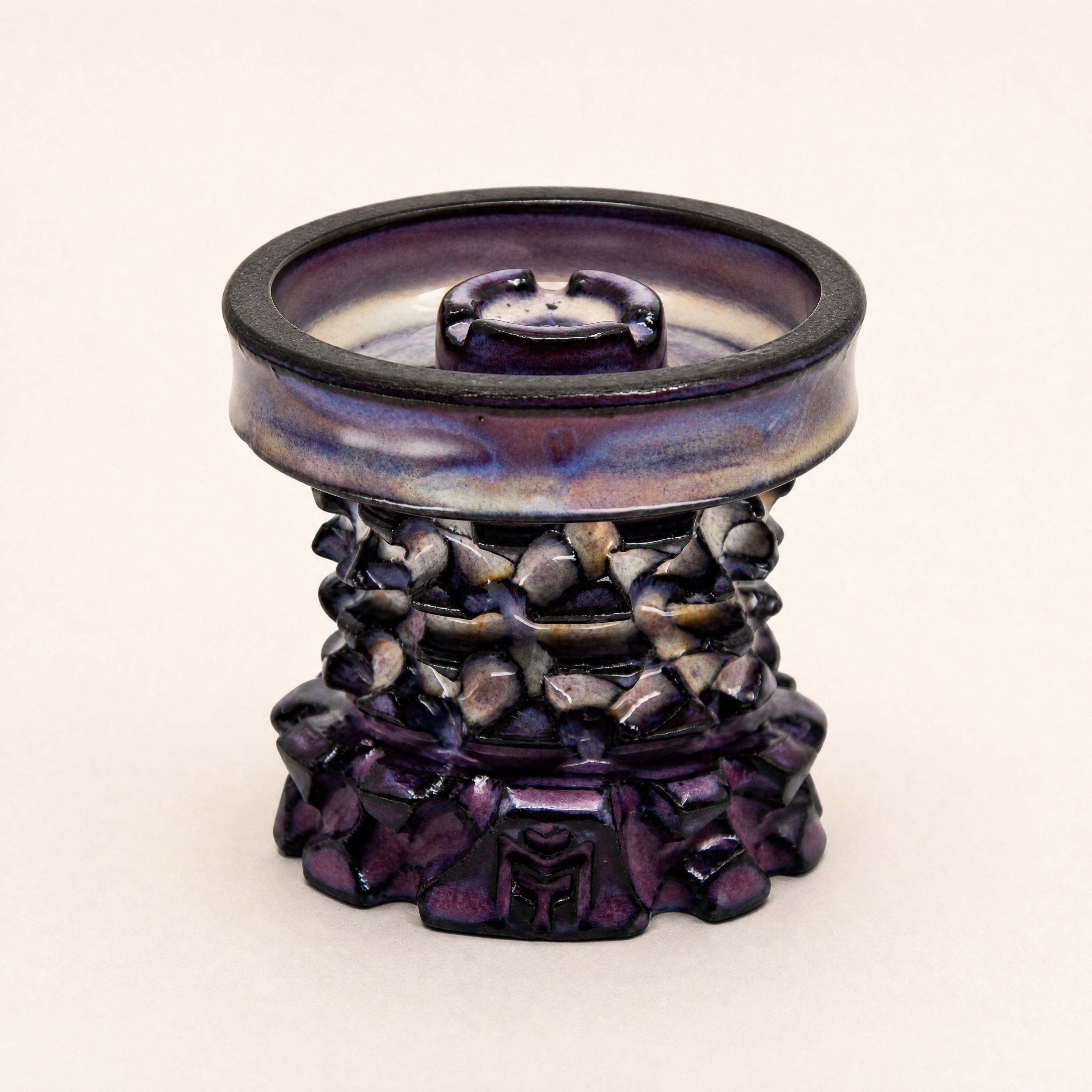 MIT Luxury Mitovation V2 Amethyst phunnel bowl, lavender plate with aubergine sculptural column, three-quarter studio view