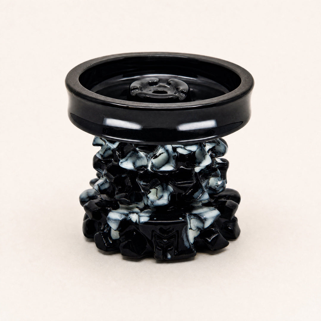 MIT Luxury Mitovation V2 Onyx phunnel bowl, marbled black-and-cream glaze on sculptural column, three-quarter studio view