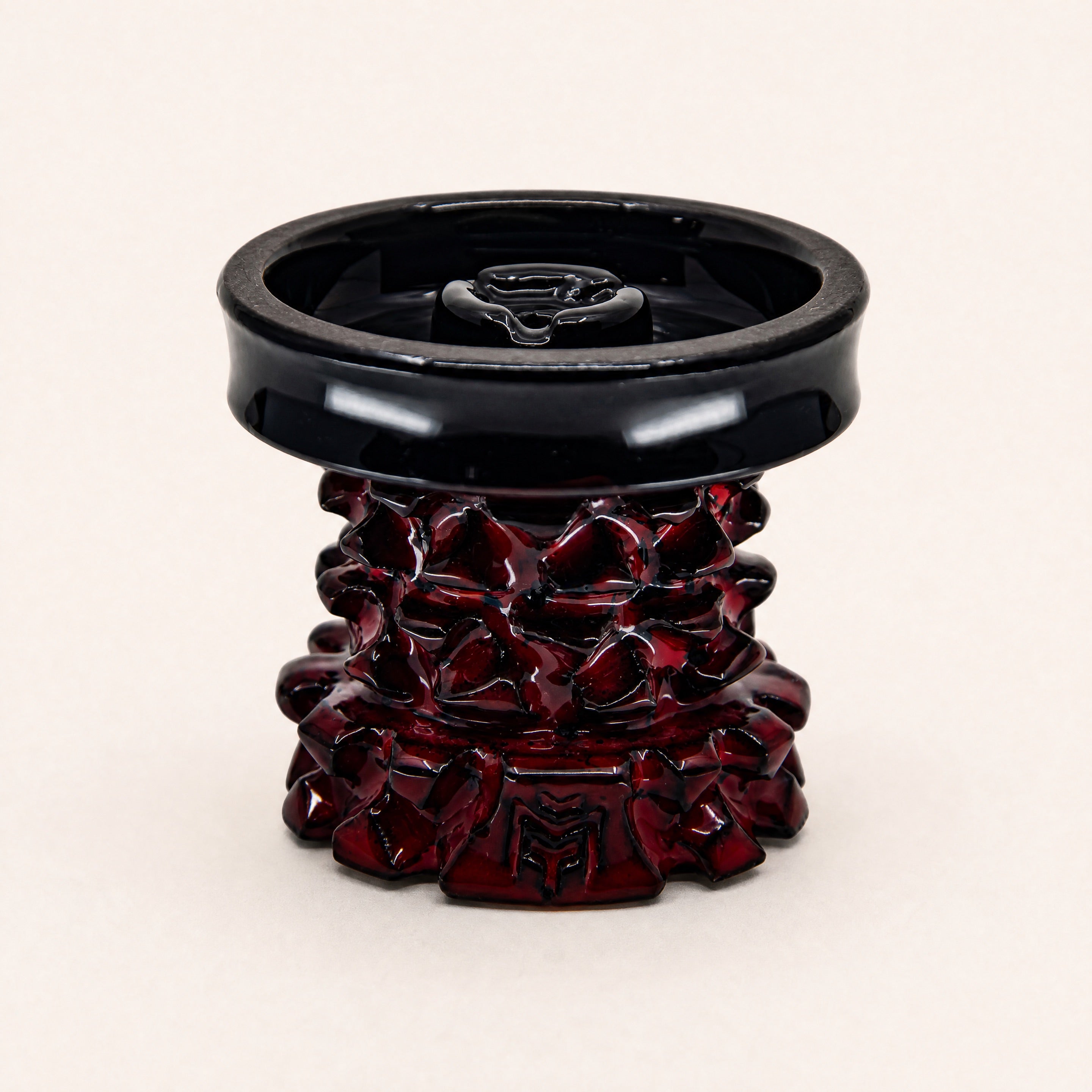 MIT Luxury Mitovation V2 Ruby phunnel bowl, oxblood column with glossy black rim plate, three-quarter studio view