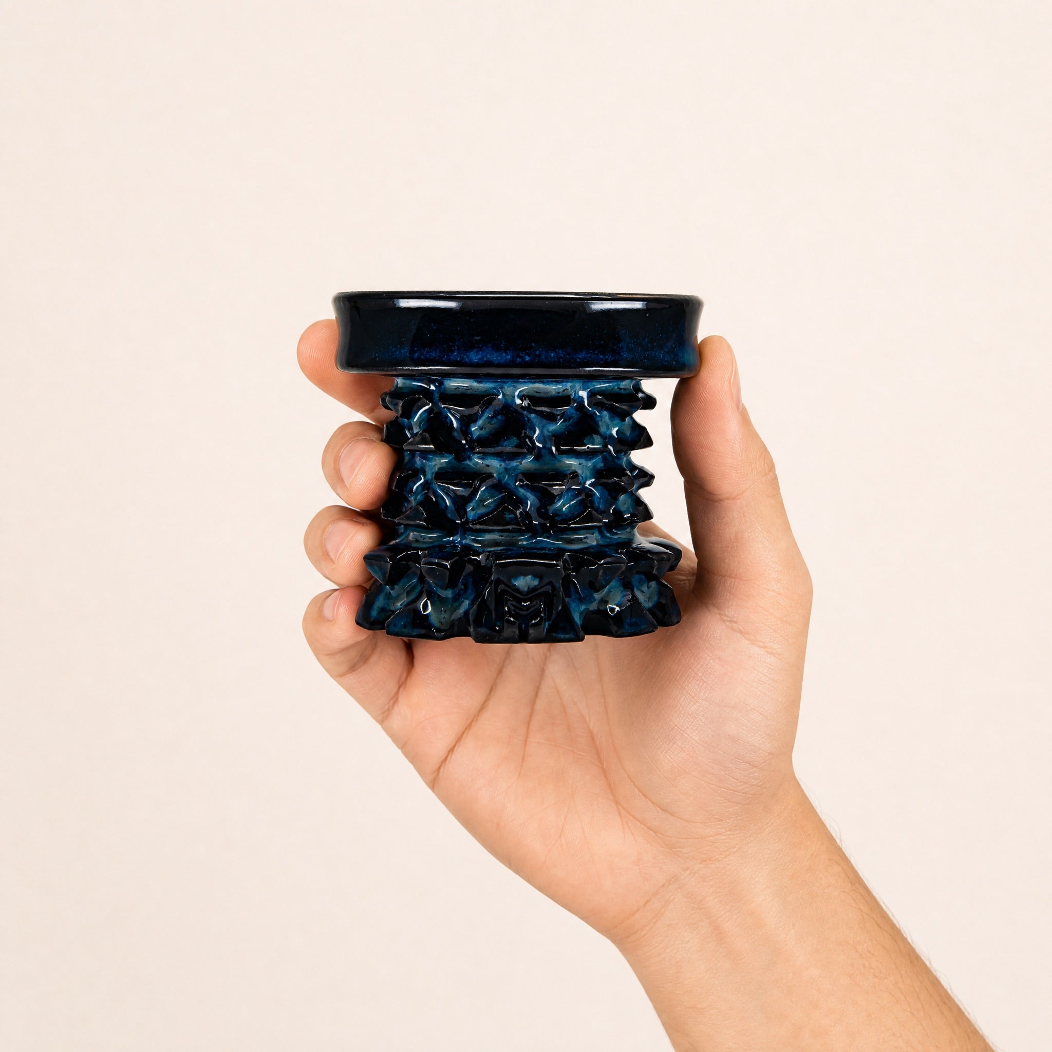 MIT Luxury Mitovation V2 Sapphire bowl held in hand, showing 80mm scale and deep cobalt glaze with sapphire pooling