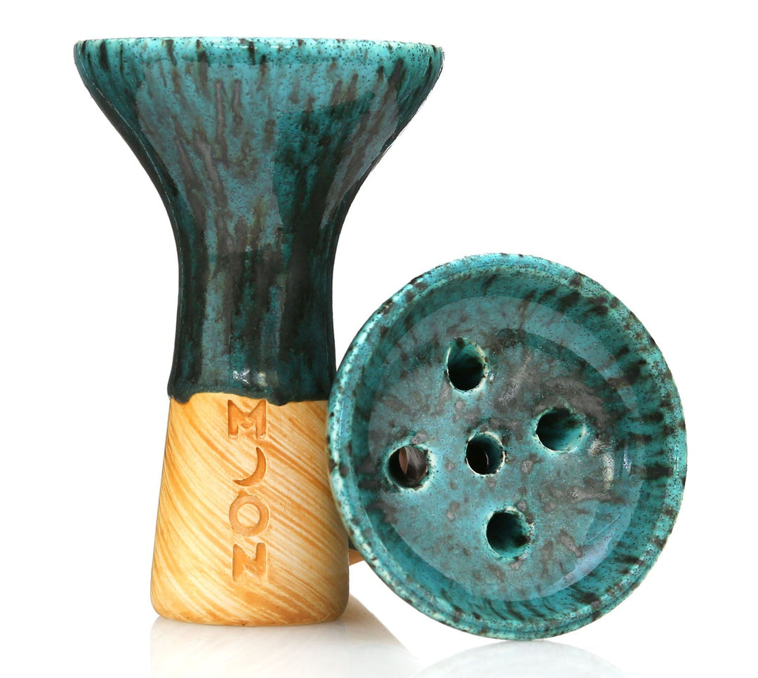 Moon Killer Egyptian shisha bowl in Tiffany Green, turquoise glaze with dark streaks over a tan base, beside its 5 hole base