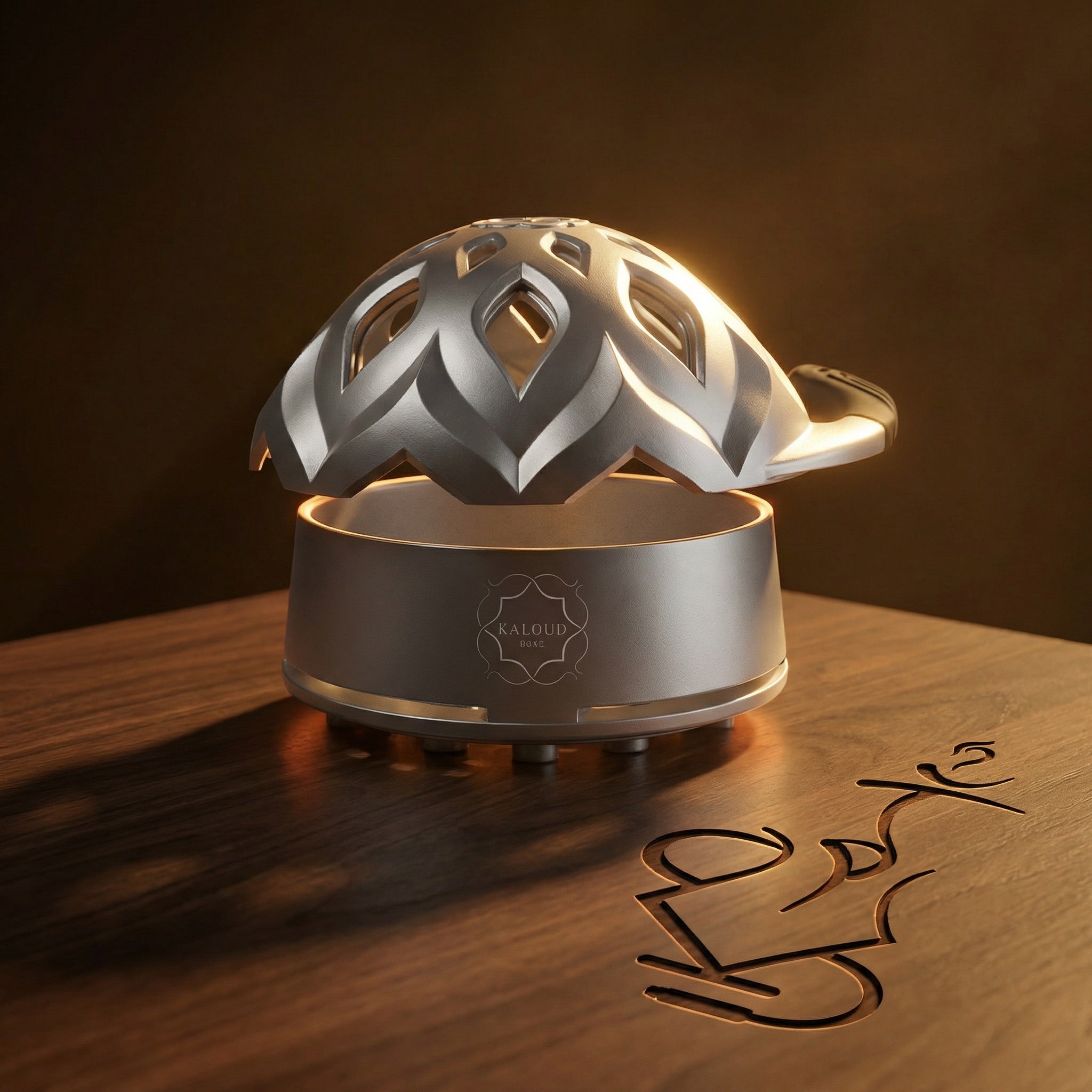Kaloud Lotus heat management device on a dark walnut surface under warm directional lighting, the brushed aluminium lotus-cut lid lifted to reveal the chamber against a near-black backdrop.