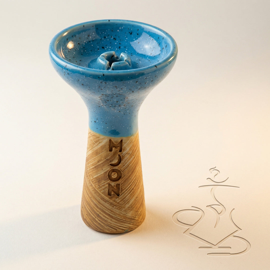 Moon Phunnel shisha bowl in speckled blue glaze with raw tan clay base and hand-stamped MOON wordmark, handmade Russian clay phunnel with single-hole spire.