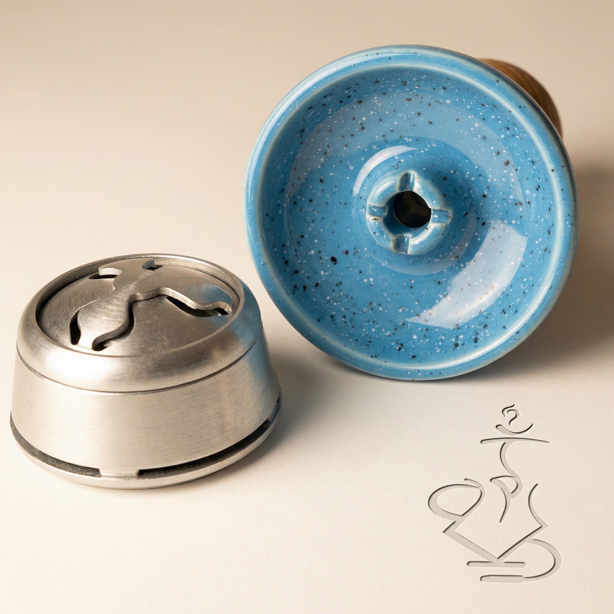 Top-down view of the Moon Phunnel blue glazed interior and single-hole phunnel spire, shown beside a Kaloud Lotus heat management device for compatibility reference.