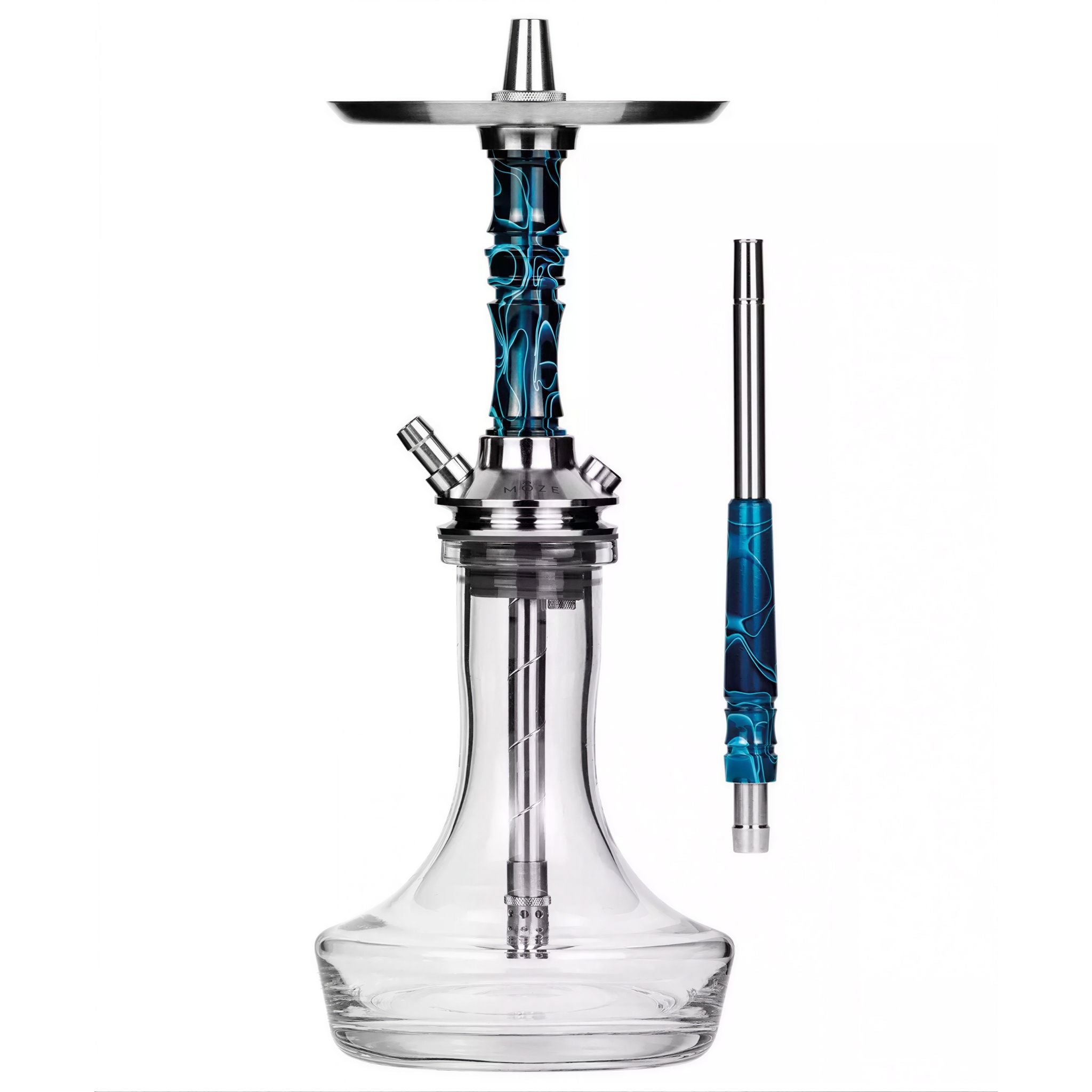 Moze Breeze Pro Wavy Blue shisha, assembled hookah with stainless tray, blue resin stem, clear glass base and mouthpiece, from The Premium Way