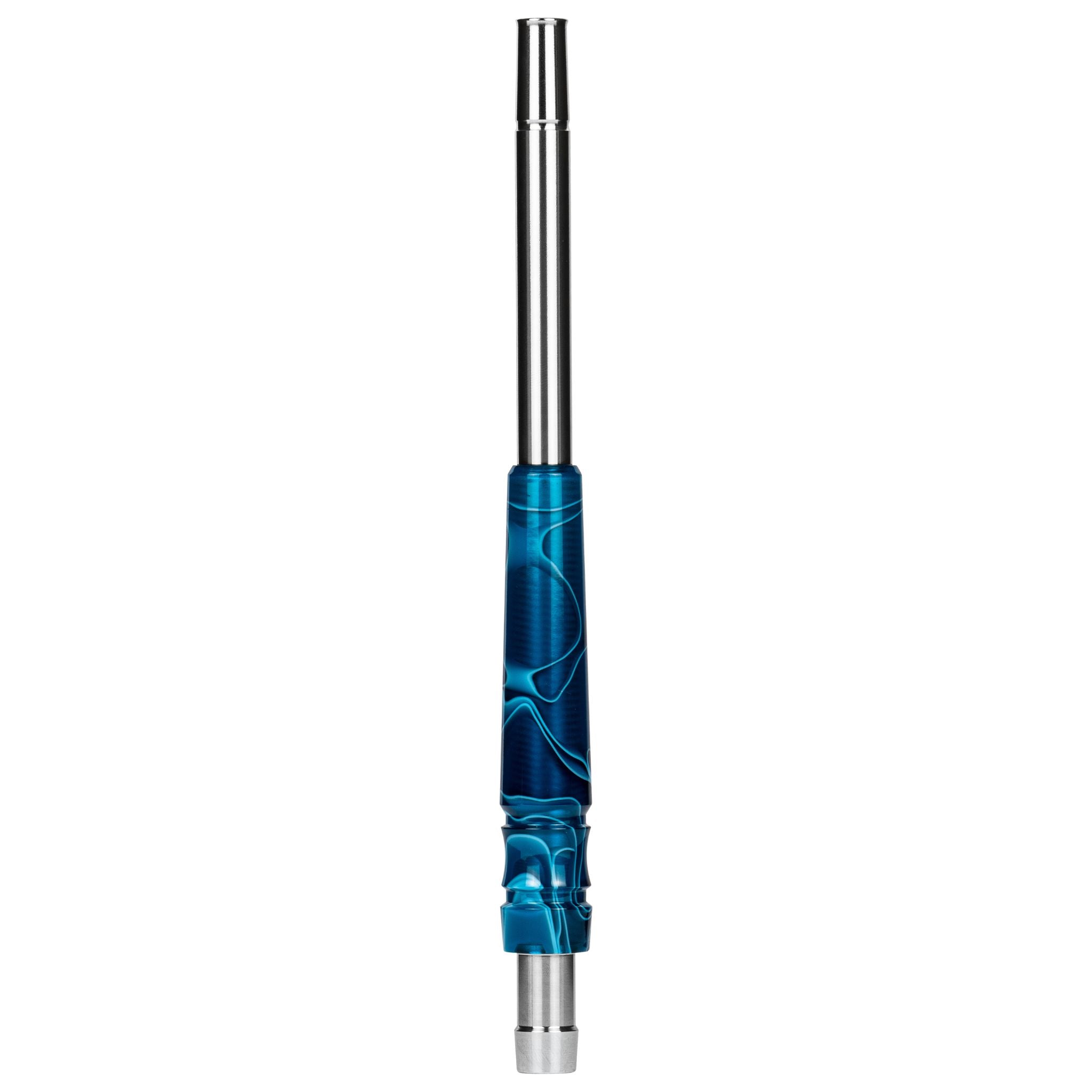 Moze Breeze Pro Wavy Blue shisha mouthpiece, stainless steel hose handle with blue swirl resin grip and polished metal tip
