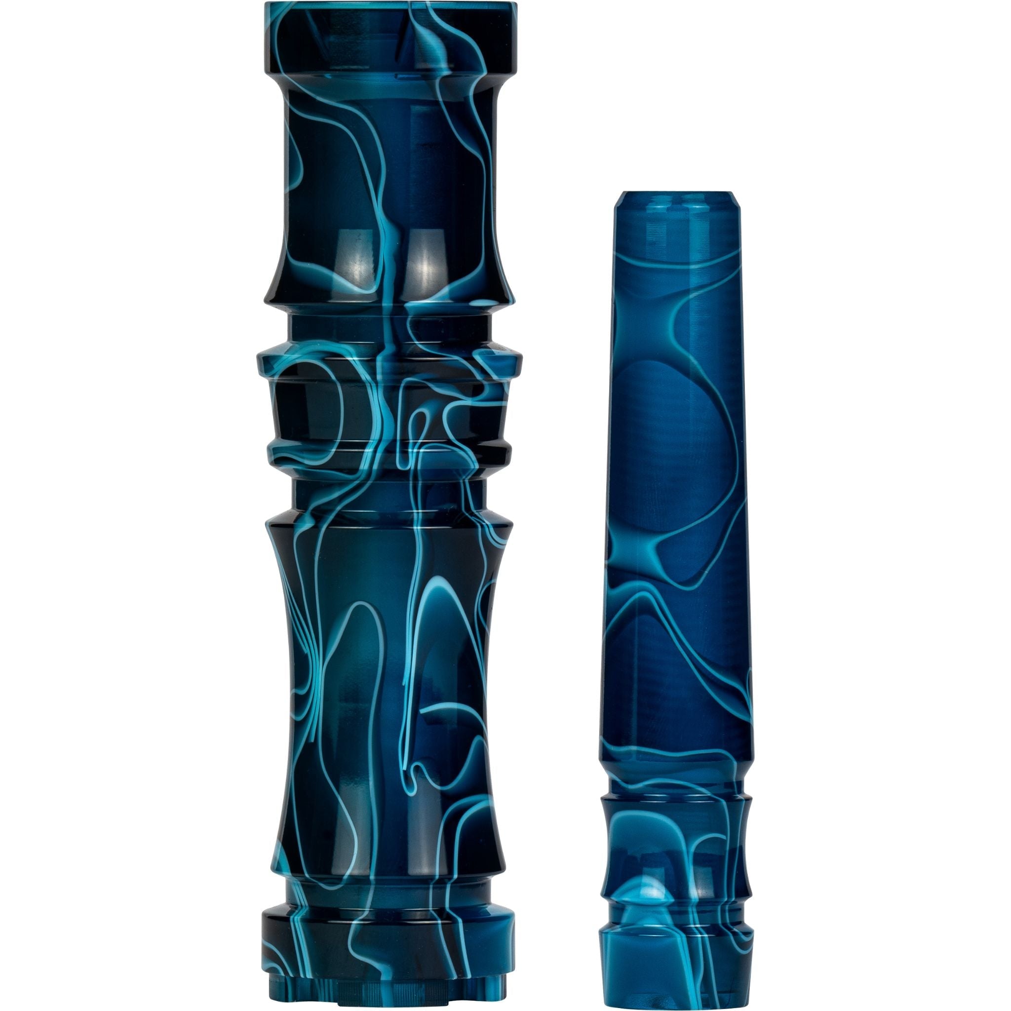 Moze Breeze Pro Wavy Blue shisha, two blue poured-resin sleeve sections side by side showing the white swirl pattern on stem and grip