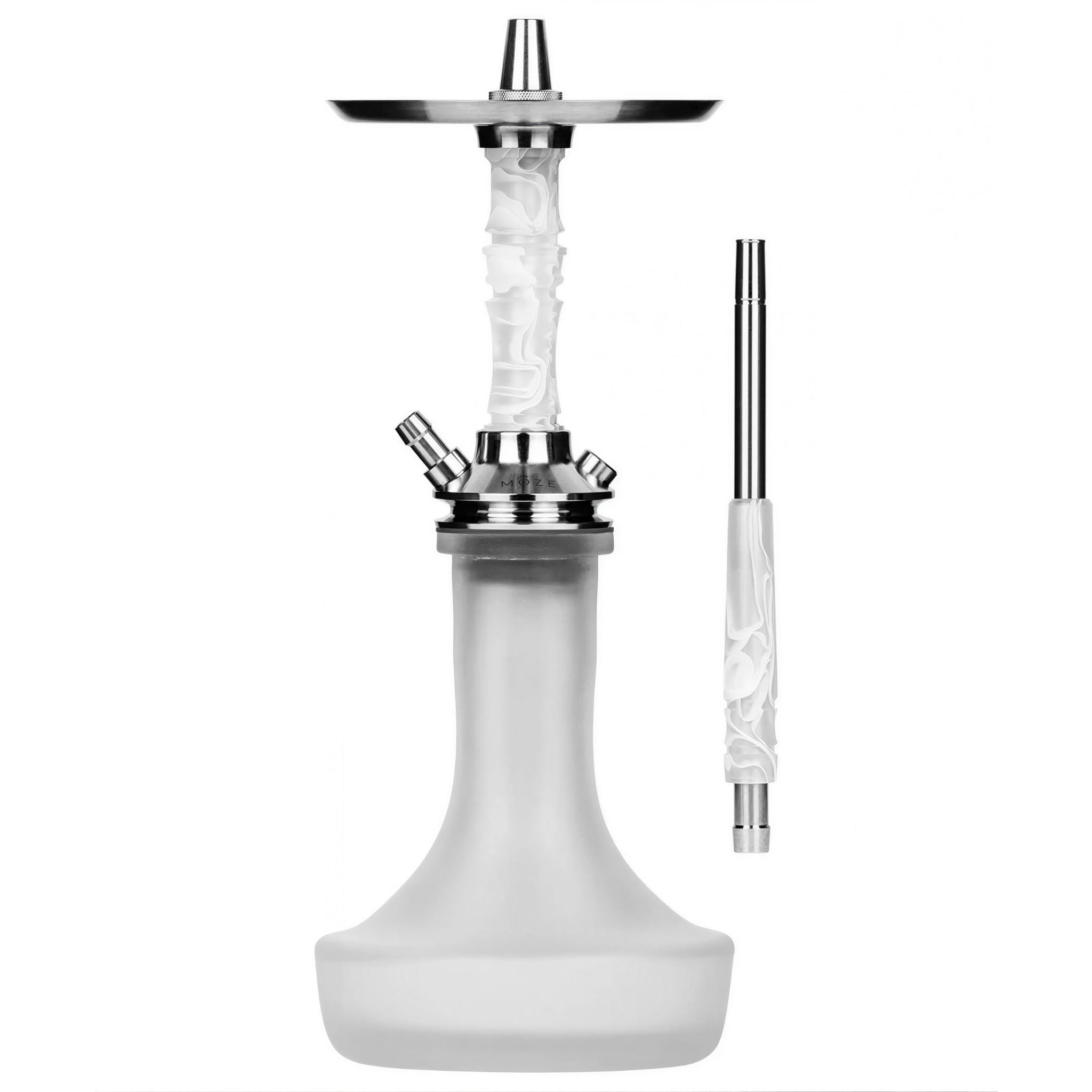 Moze Breeze Pro Wavy Frosted shisha, assembled hookah with stainless tray, frosted white swirl resin stem, frosted glass base and matching mouthpiece, from The Premium Way