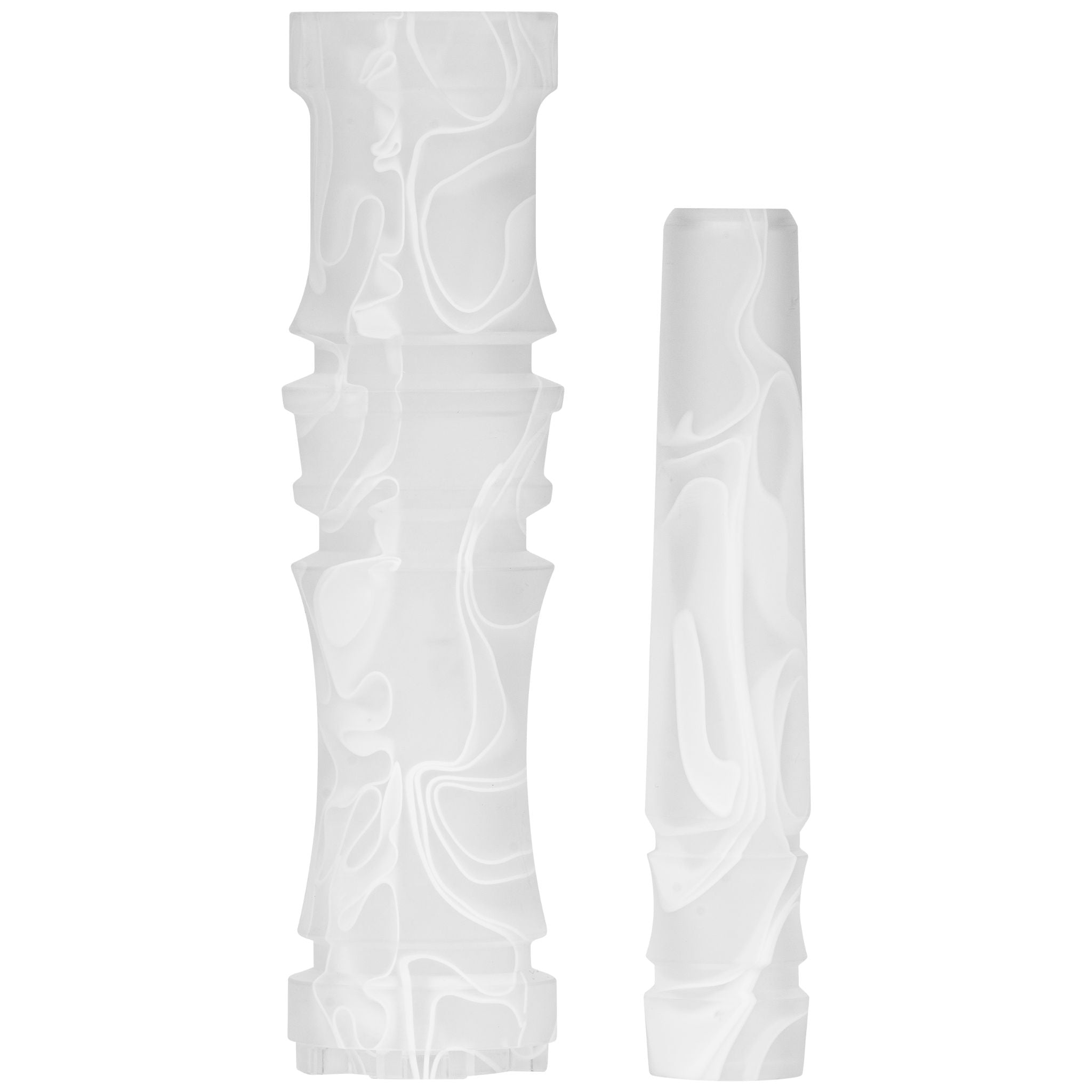 Moze Breeze Pro Wavy Frosted shisha, two frosted white poured-resin sleeve sections side by side showing the swirl pattern on the stem and grip