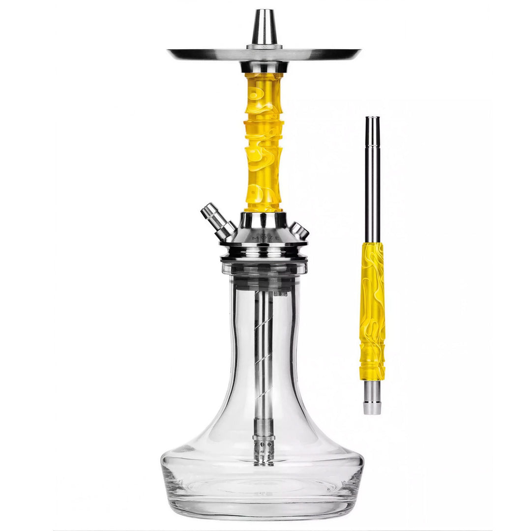 Moze Breeze Pro Wavy Yellow shisha, assembled hookah with stainless tray, yellow resin stem, clear glass base and mouthpiece