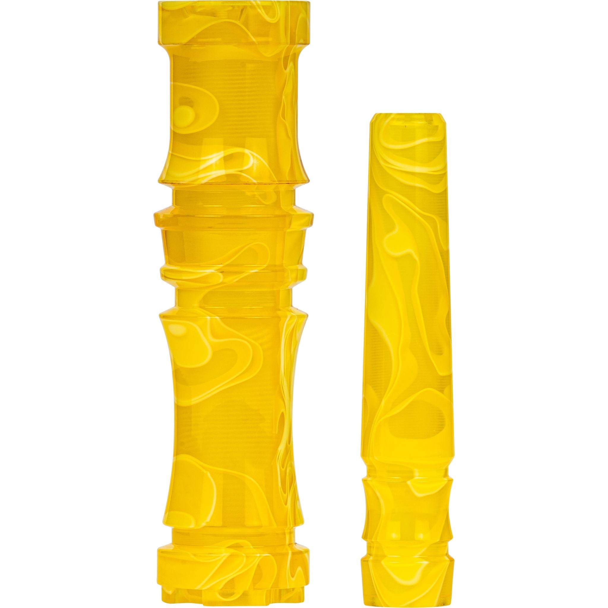 Moze Breeze Pro Wavy Yellow shisha, two yellow poured-resin sleeve sections side by side showing the white swirl pattern on stem and grip