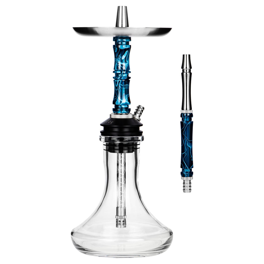 Moze Breeze Two Wavy Blue shisha, full body with blue wavy resin stem, clear glass base, stainless tray and mouthpiece