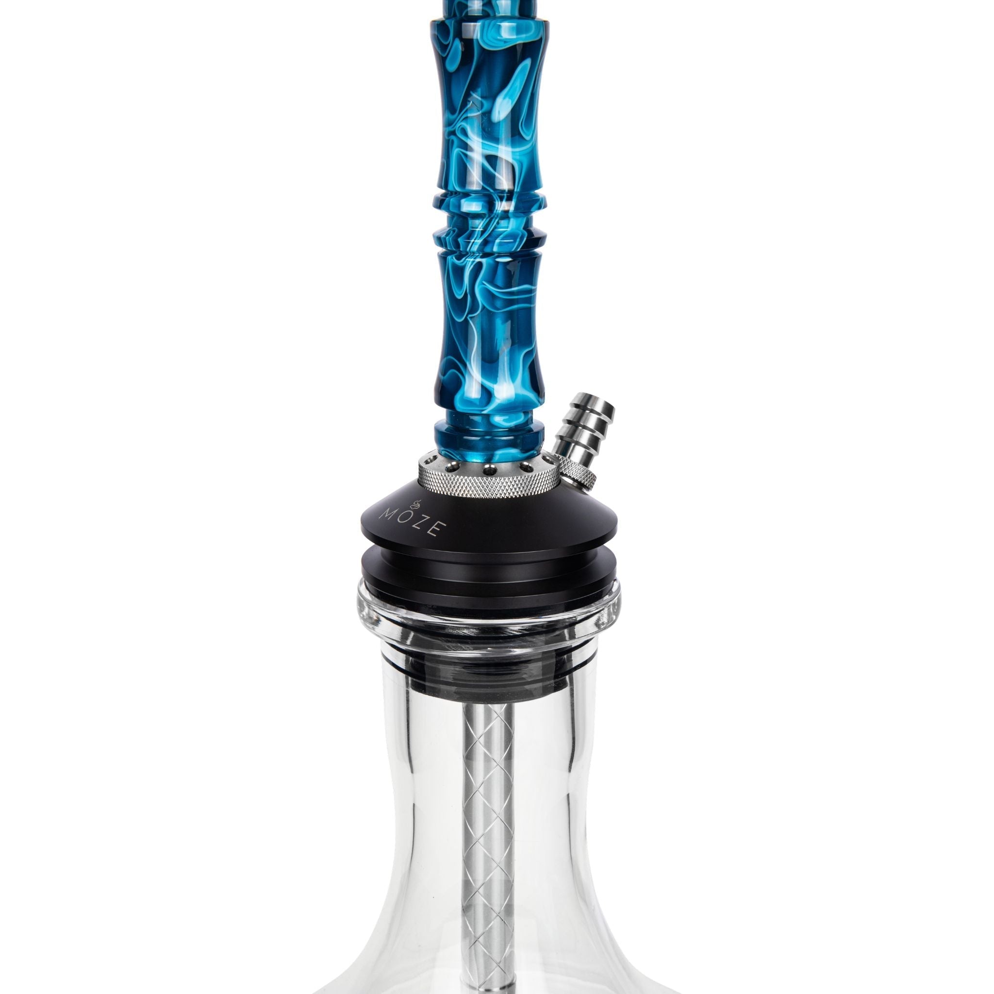 Moze Breeze Two Wavy Blue shisha base detail, blue wavy resin stem into MOZE POM purge base with single hose port and glass vessel top