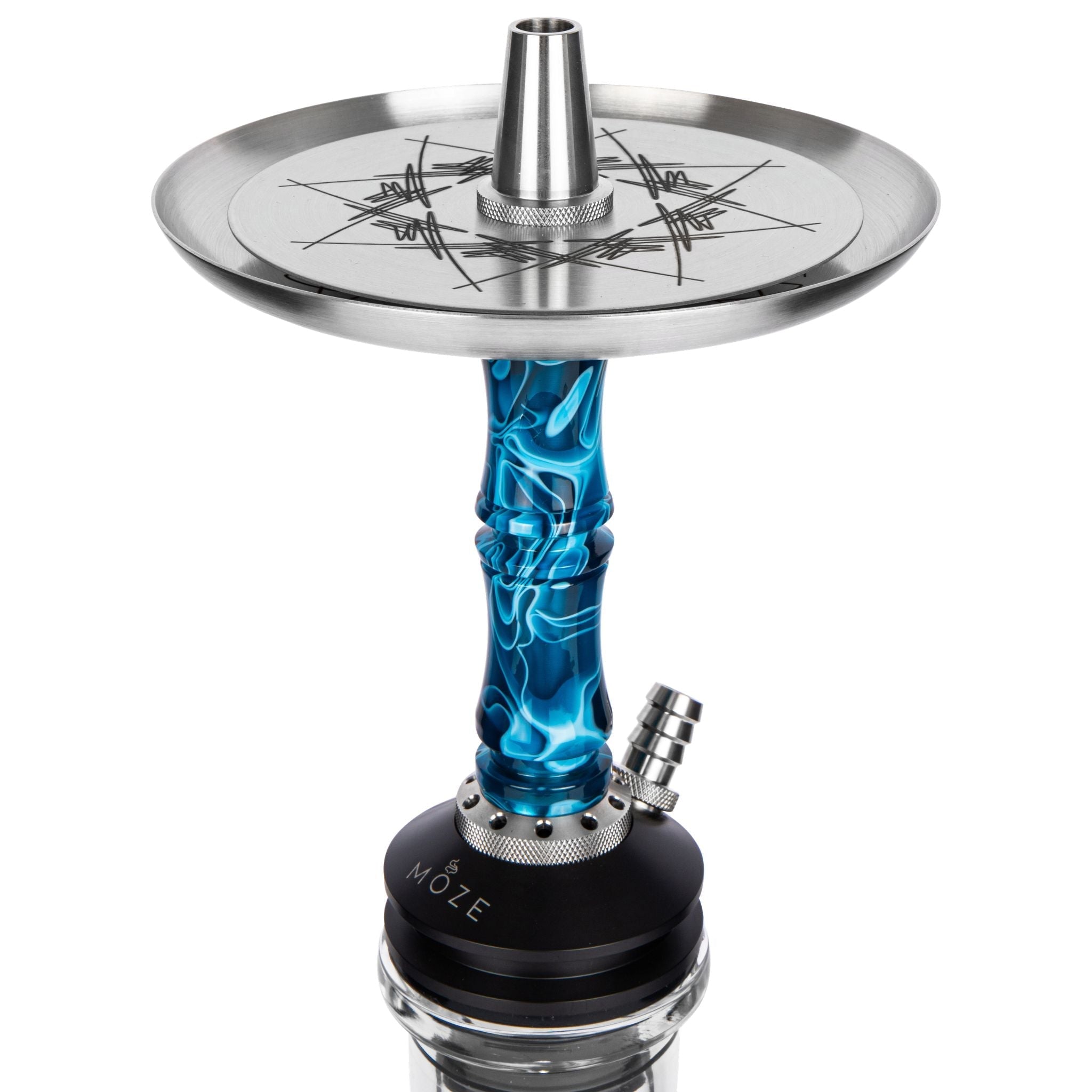 Moze Breeze Two Wavy Blue shisha upper section, compass-engraved stainless coal tray, blue wavy resin stem and MOZE purge base detail