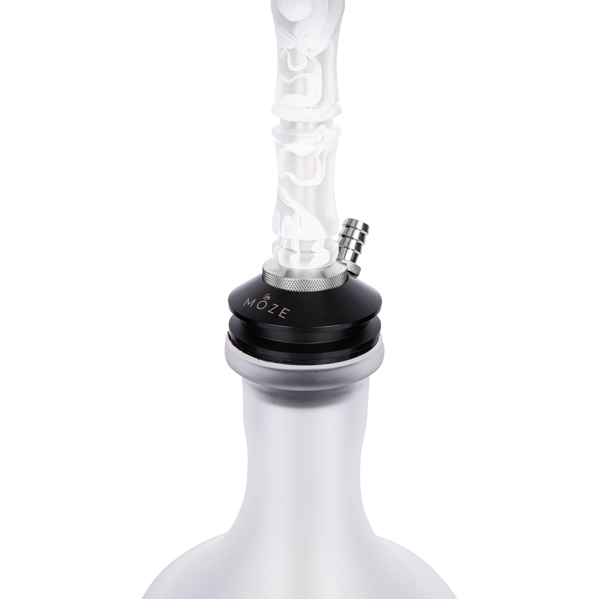 Moze Breeze Two Wavy Frosted shisha base detail, frosted wavy resin stem into MOZE POM base with single hose port and frosted glass top