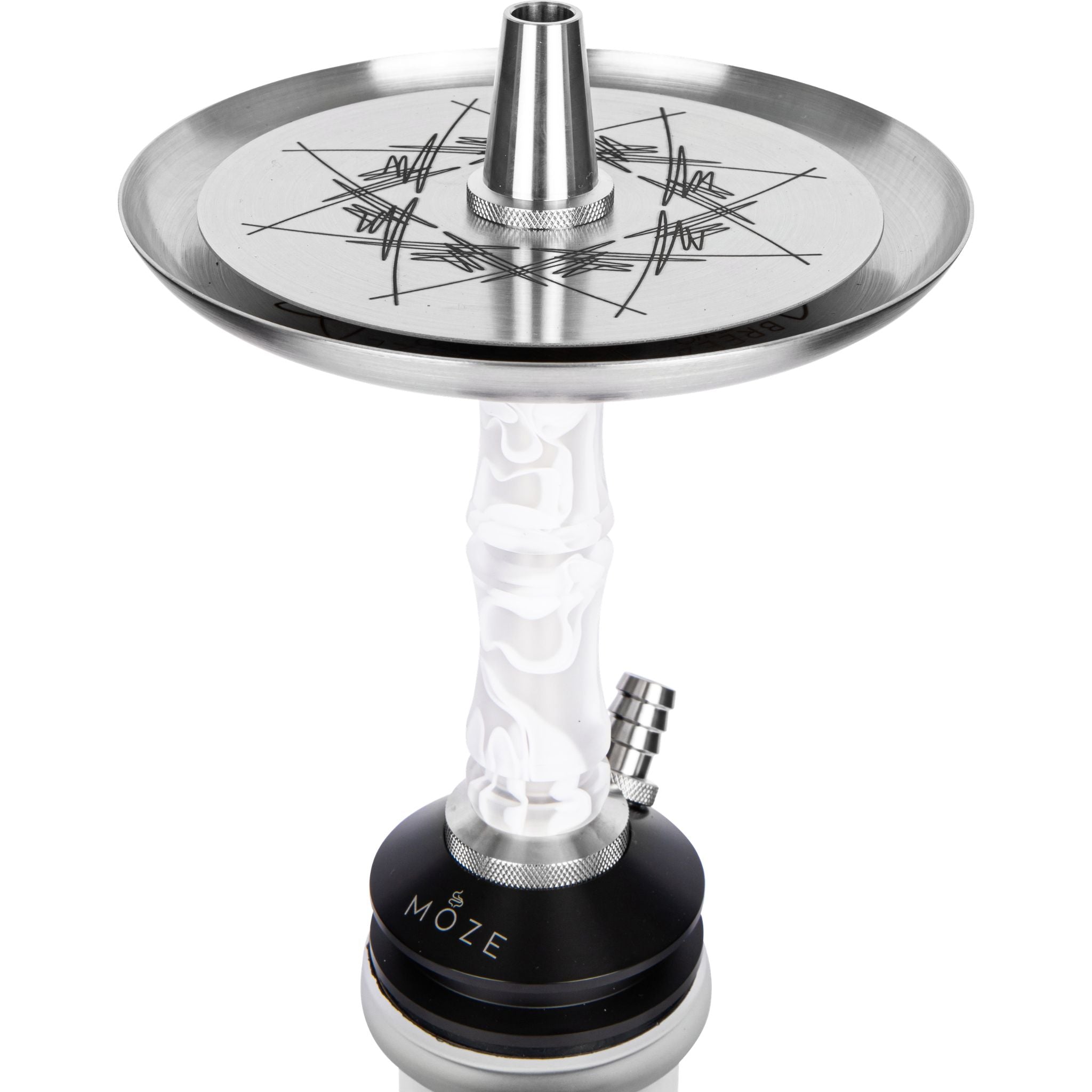 Moze Breeze Two Wavy Frosted shisha upper section, compass-engraved stainless coal tray, frosted wavy resin stem and MOZE purge base detail