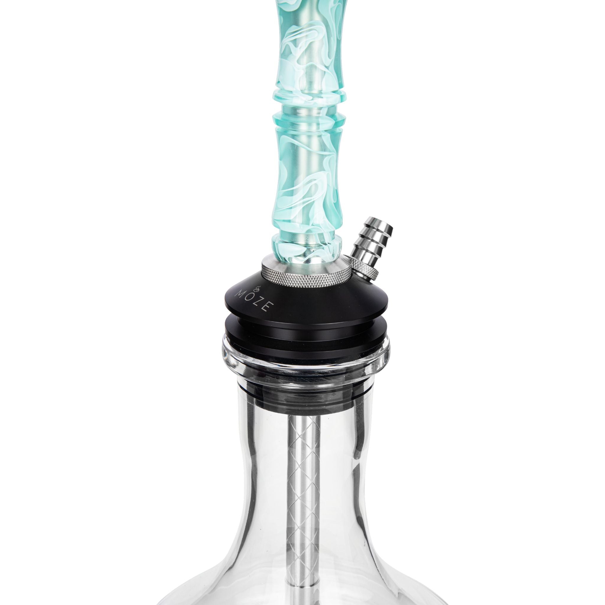 Moze Breeze Two Wavy Mint shisha base and glass detail, mint wavy resin stem into MOZE POM base with hose port and clear glass vessel