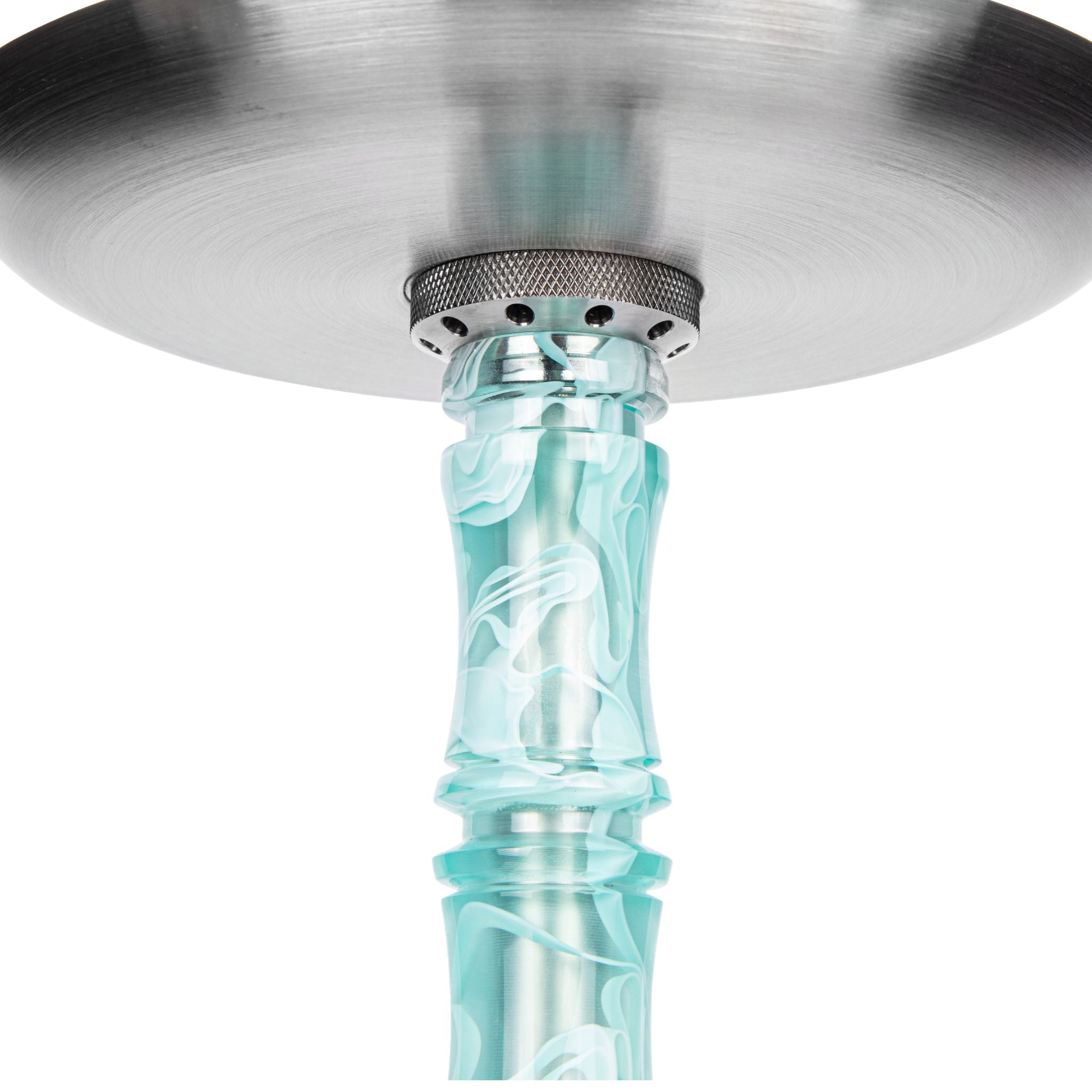Moze Breeze Two Wavy Mint shisha coal plate underside, perforated stainless purge plate and mint wavy resin stem viewed from below