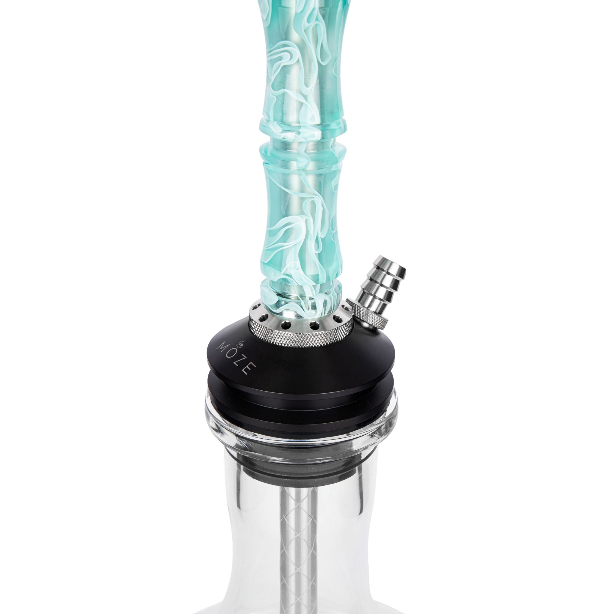 Moze Breeze Two Wavy Mint shisha purge base detail, mint wavy resin stem into MOZE POM base with knurled ring and single hose port