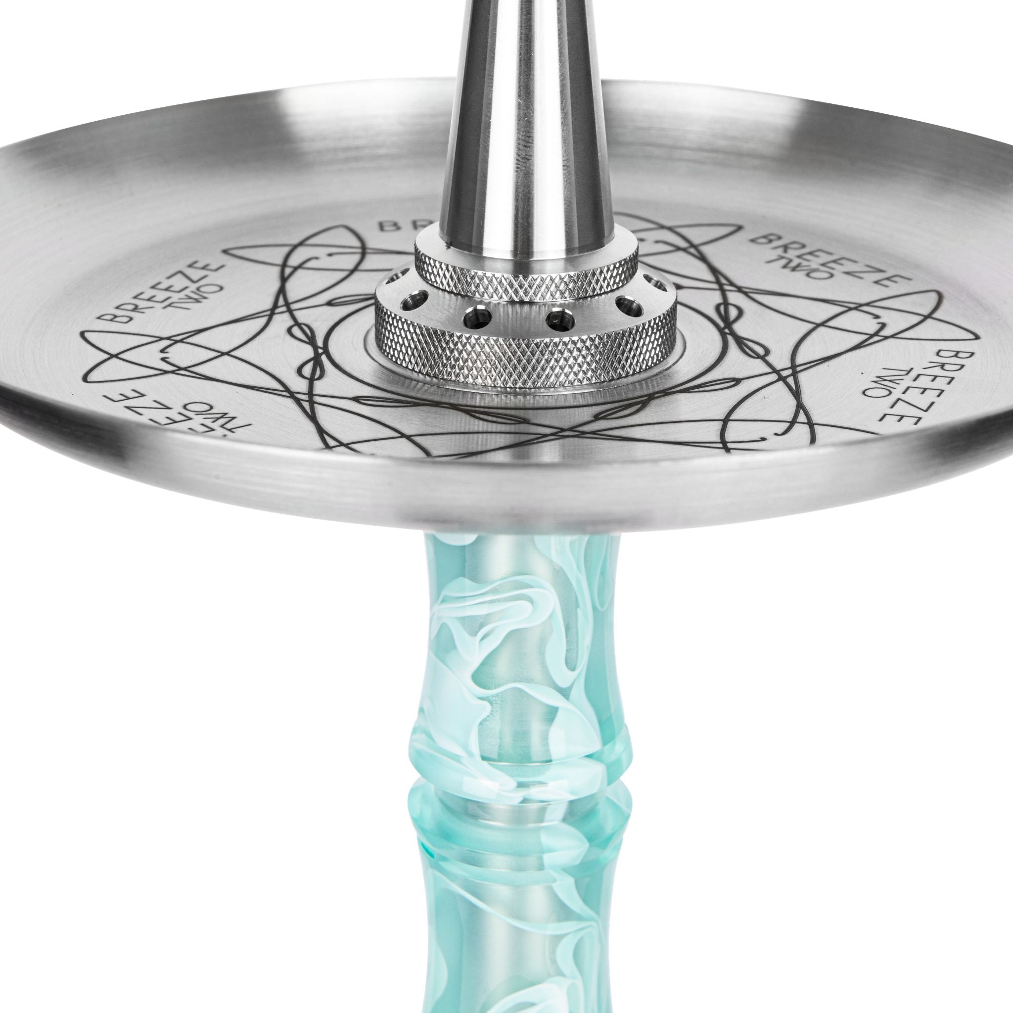Moze Breeze Two Wavy Mint shisha stainless coal tray, top-down view with engraved Breeze Two branding and central mouthpiece cone