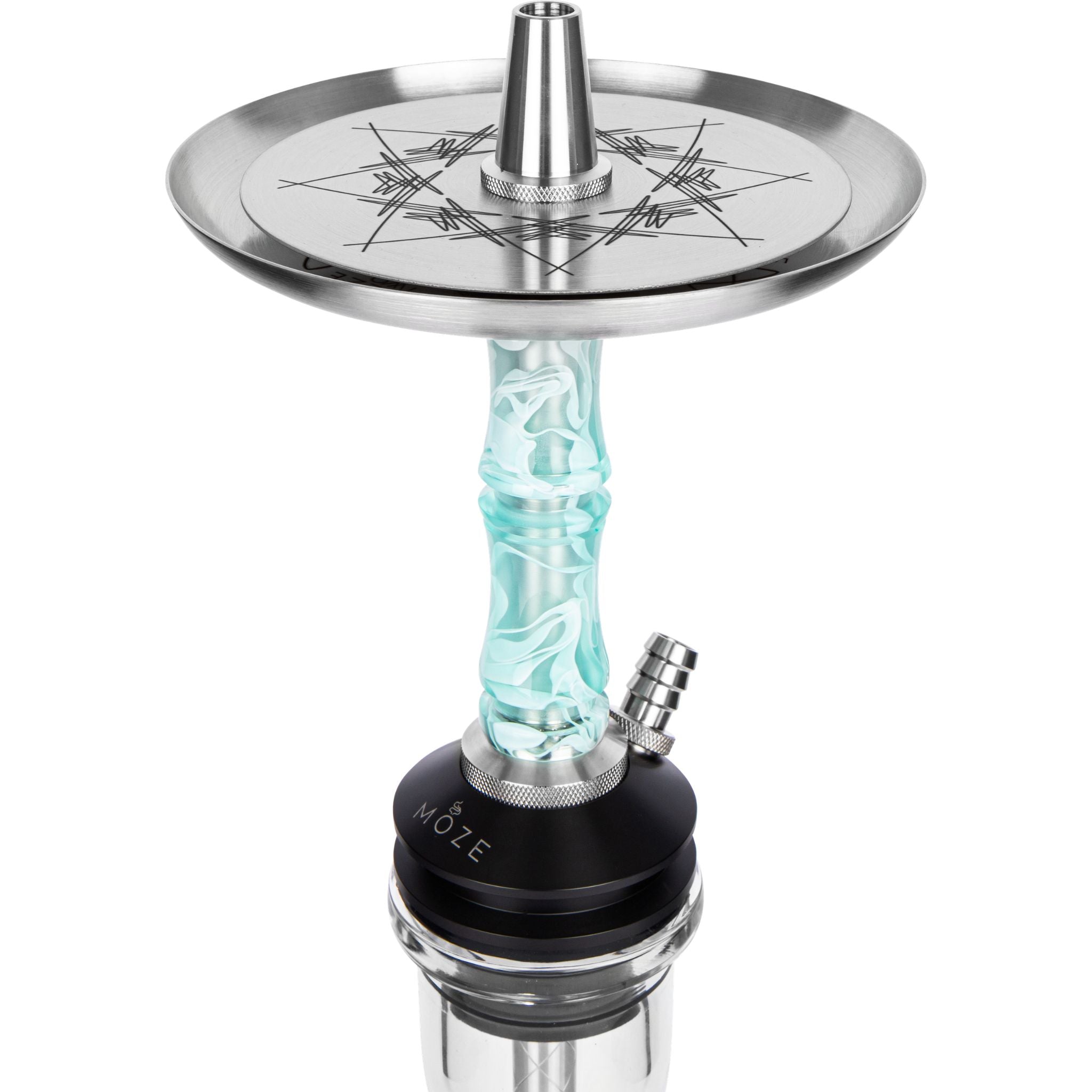Moze Breeze Two Wavy Mint shisha upper section, compass-engraved stainless tray, mint wavy resin stem and MOZE purge base detail