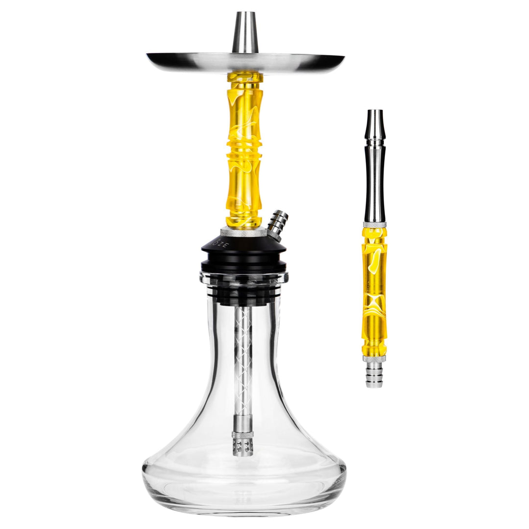 Moze Breeze Two Wavy Yellow shisha, full body with bold yellow resin stem, clear glass base, stainless tray and mouthpiece