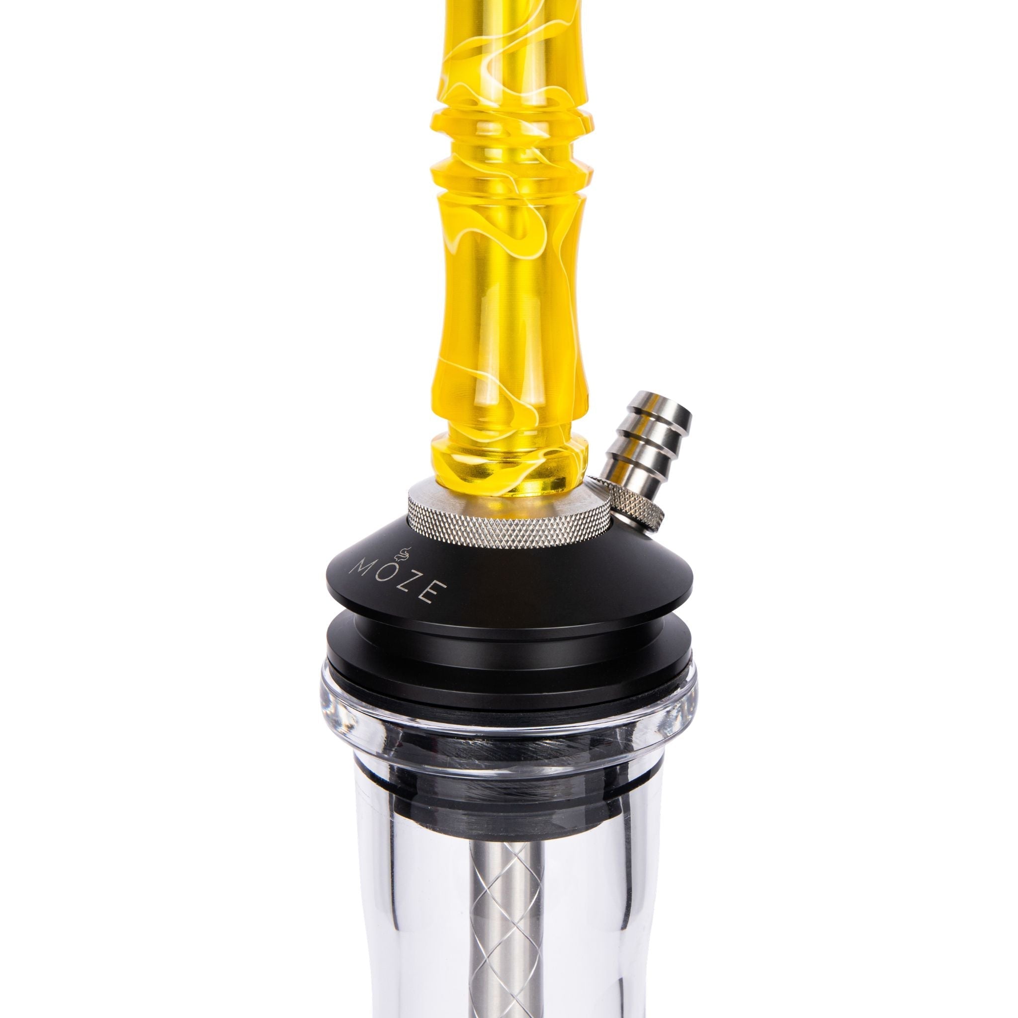 Moze Breeze Two Wavy Yellow shisha base detail, yellow wavy resin stem into MOZE POM purge base with single hose port and glass vessel top