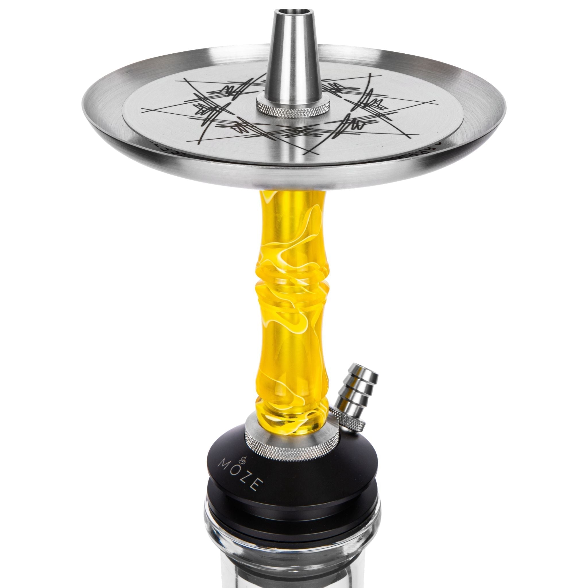 Moze Breeze Two Wavy Yellow shisha upper section, compass-engraved stainless coal tray, bright yellow wavy resin stem and MOZE purge base