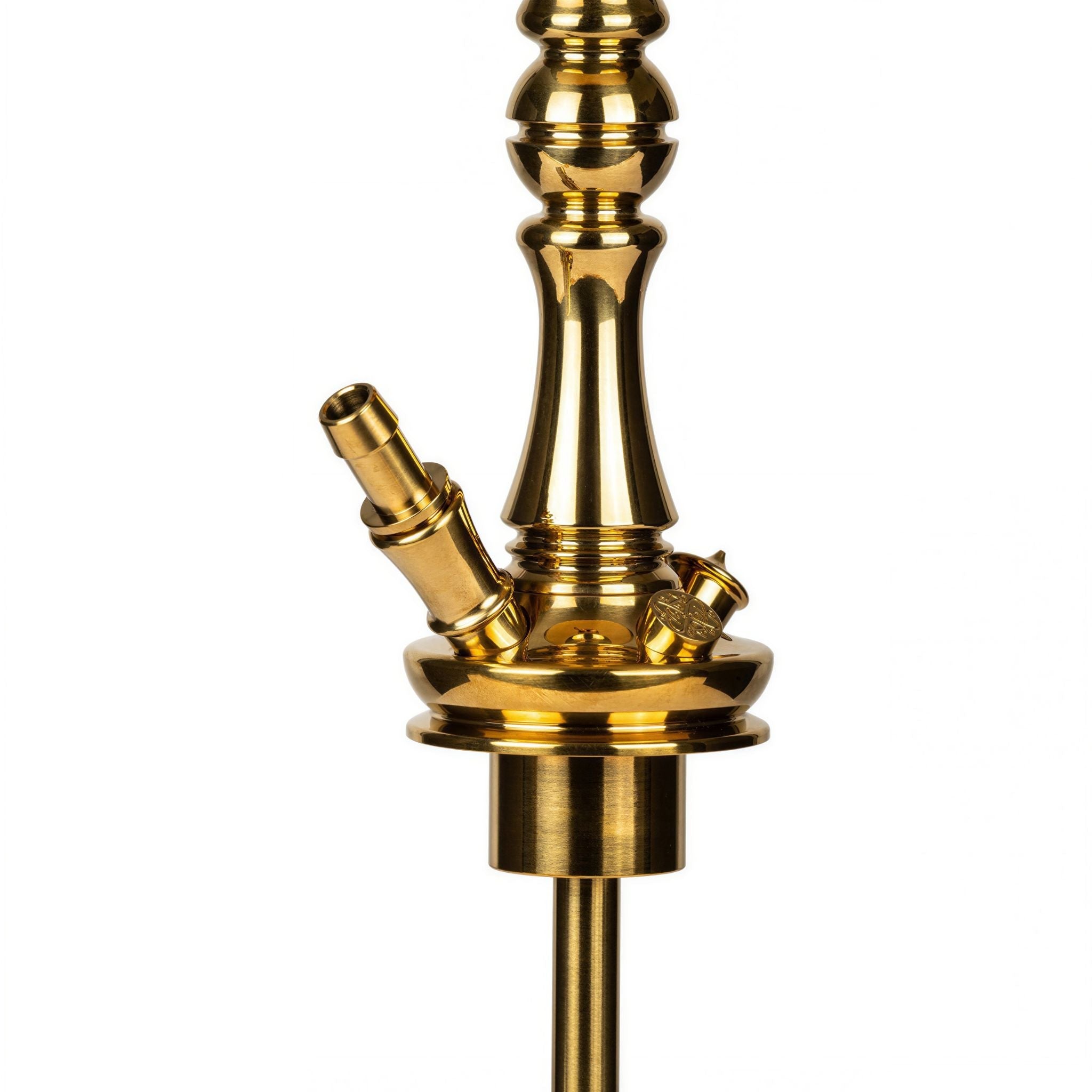 Close-up of the Moze Tradi M Gold shisha gold hose port, purge valve and ornate stem base above the cut-glass vessel