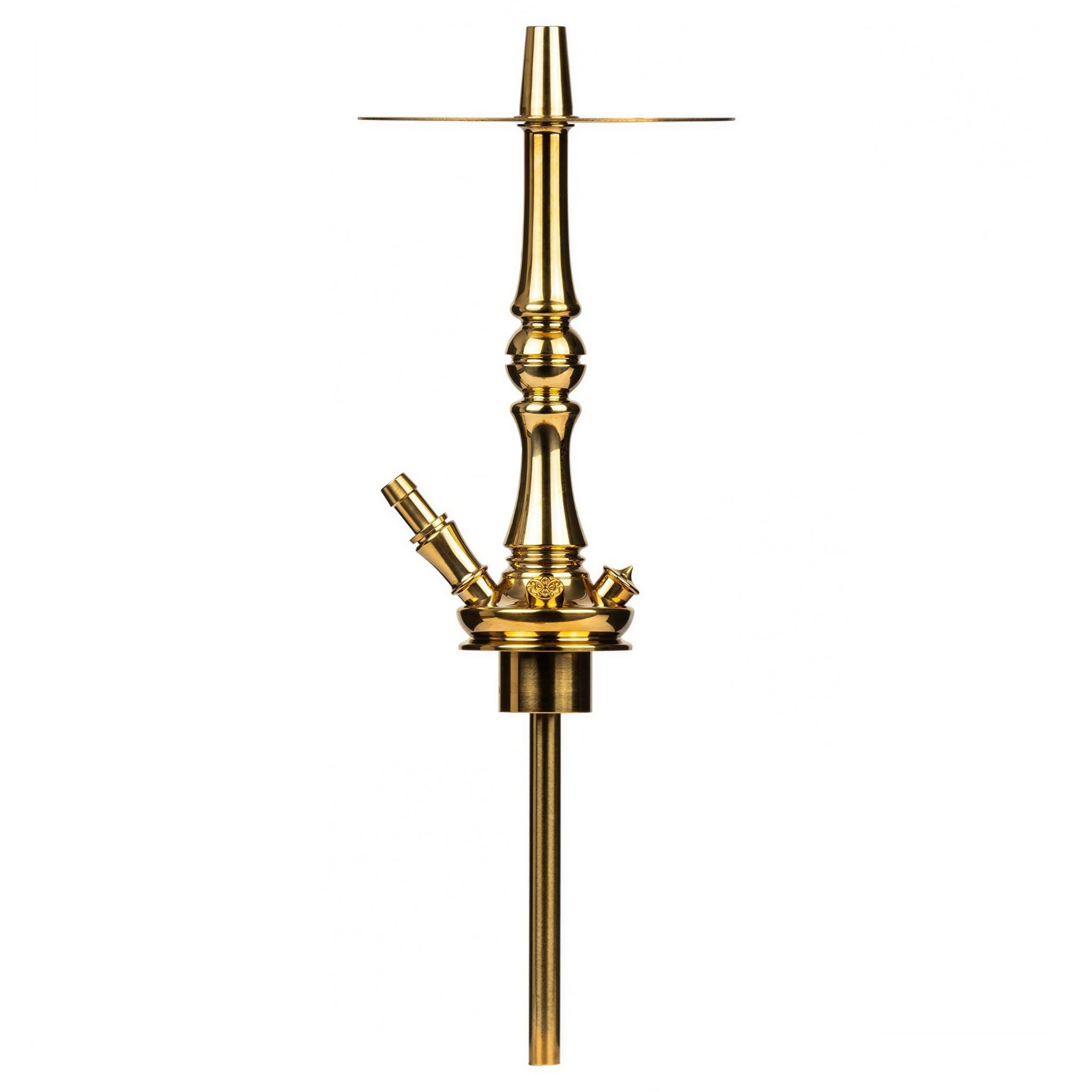Moze Tradi M Gold shisha gold stem and purge valve with the long stainless downstem extended below the body