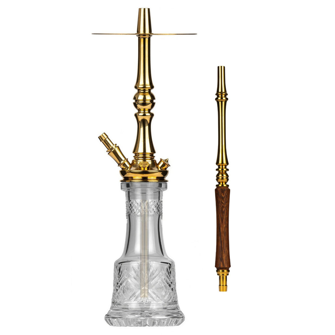 Moze Tradi M Gold traditional shisha, full polished-gold stem with cut-glass base and matching wood-and-gold mouthpiece