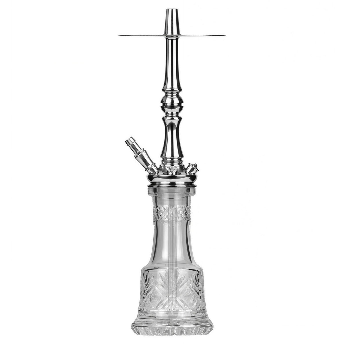 Moze Tradi M Silver traditional shisha front view, polished chrome stem and wide charcoal tray on a clear cut-glass base, image 2 of 7