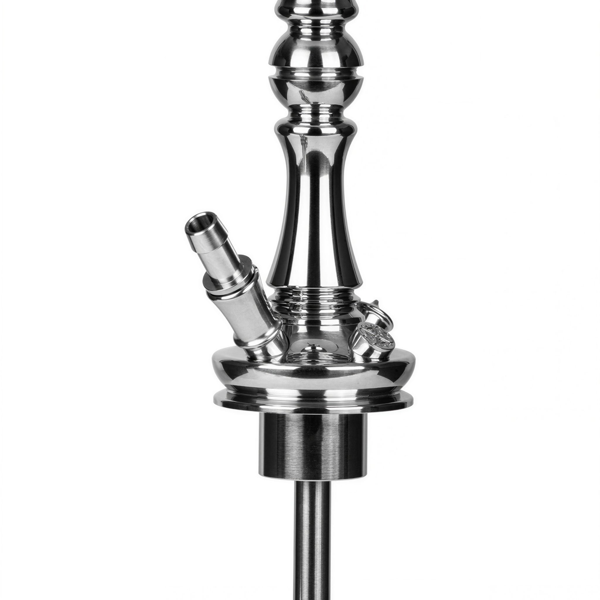 Close-up of the Moze Tradi M Silver shisha chrome hose port, purge valve and ornate stem base above the cut-glass vessel