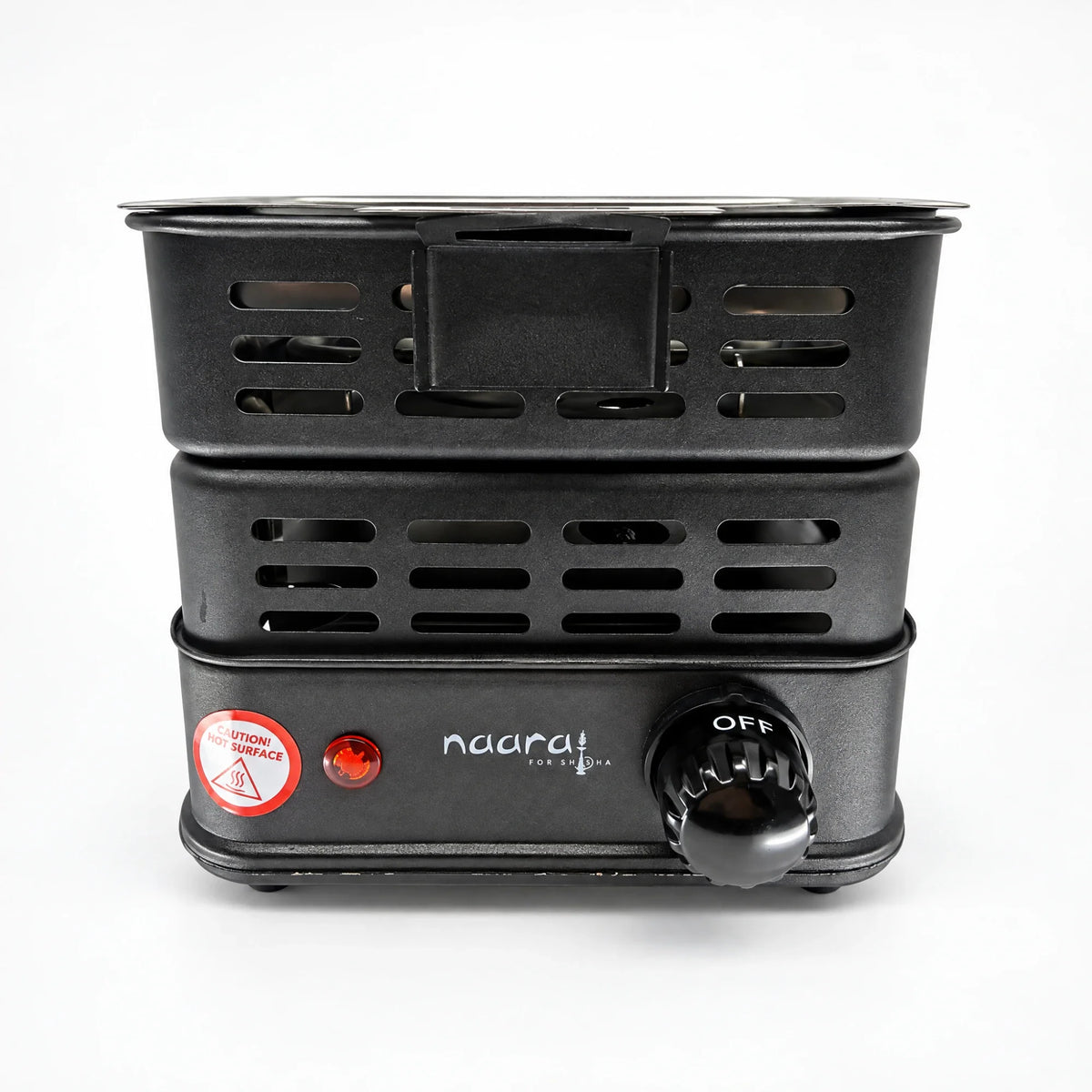 Front of the Naara electric charcoal burner with power light and 0 to 5 heat dial, image 2 of 5