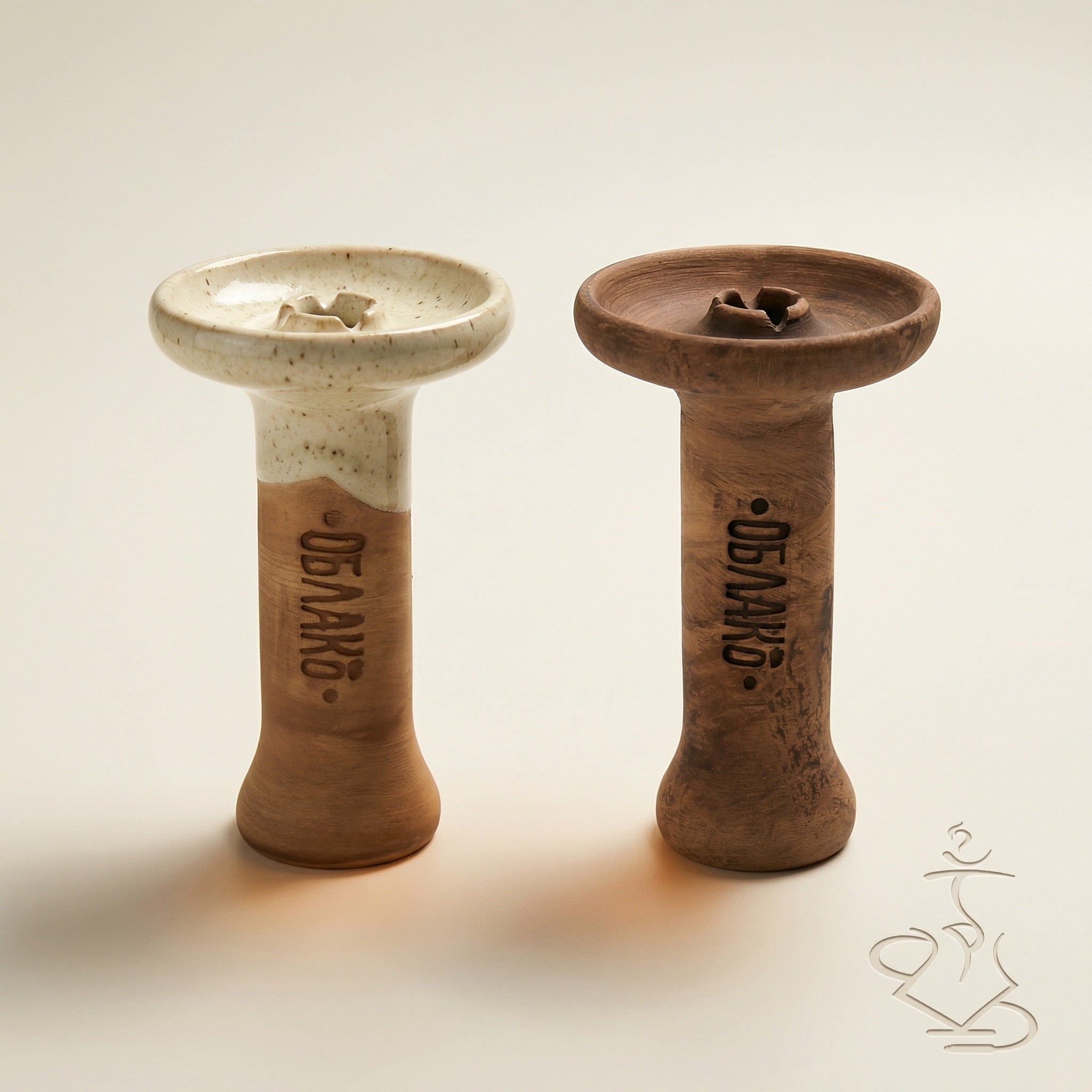 Oblako Phunnel S small shisha bowls in glazed and unglazed variants side by side, Russian handmade stoneware phunnel bowls for hookah