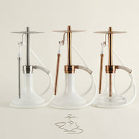 All three Oduman Infinity 45 cm shisha pipe variants side by side — silver body white glass, bronze body white glass and bronze body clear glass.